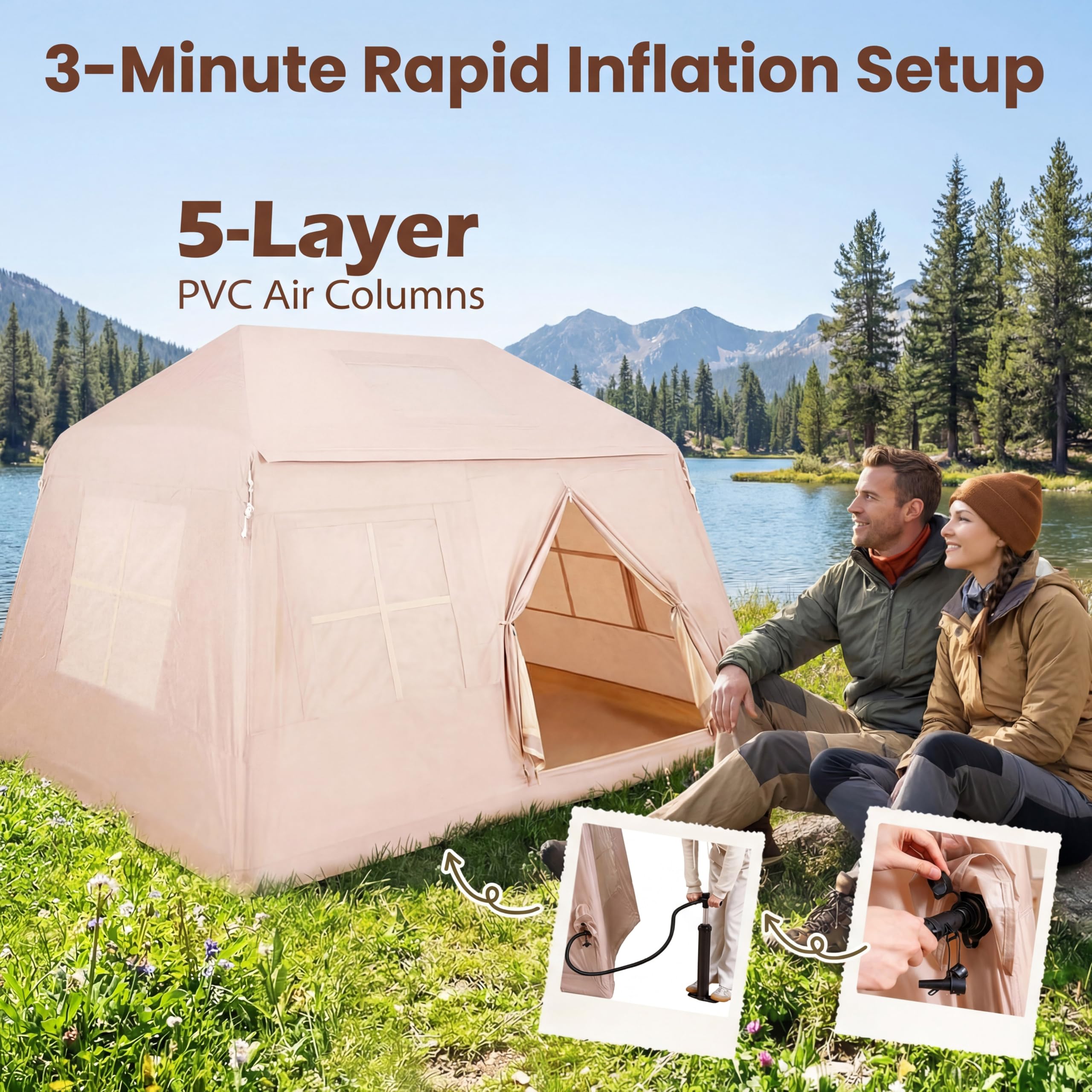 HOMASIS Tienda de Campaña Hinchable para 4-6 Personas | Tienda Inflable con Bomba, Puertas y Ventanas de Malla, Toldo y Bolsa de Transporte, Carpa Portátil para Camping, Senderismo