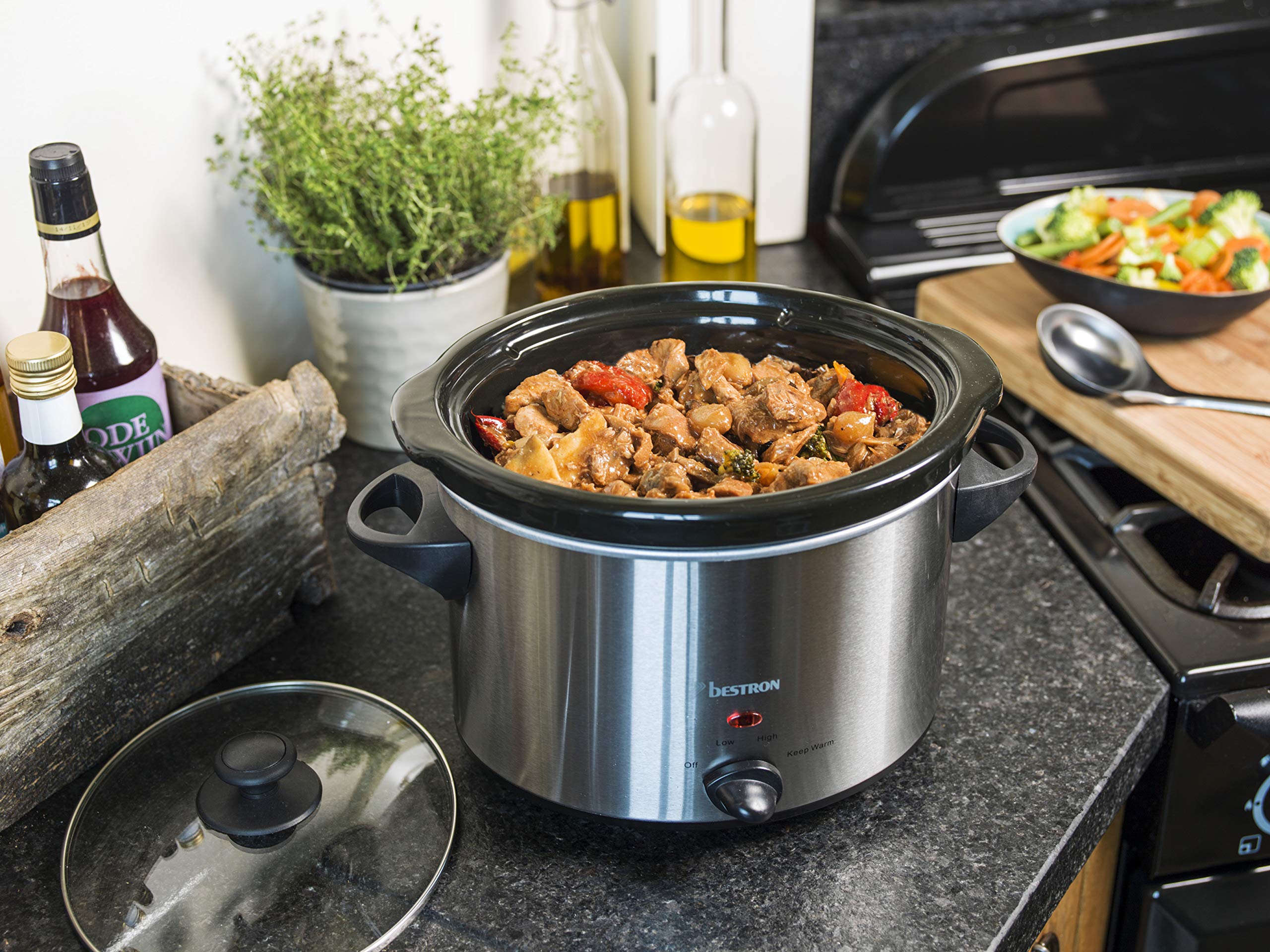 Bestron Olla de Cocción Lenta de Cerámica y Tapa de Vidrio, 3,5 Litros, 180 Vatios, Acero Inoxidable