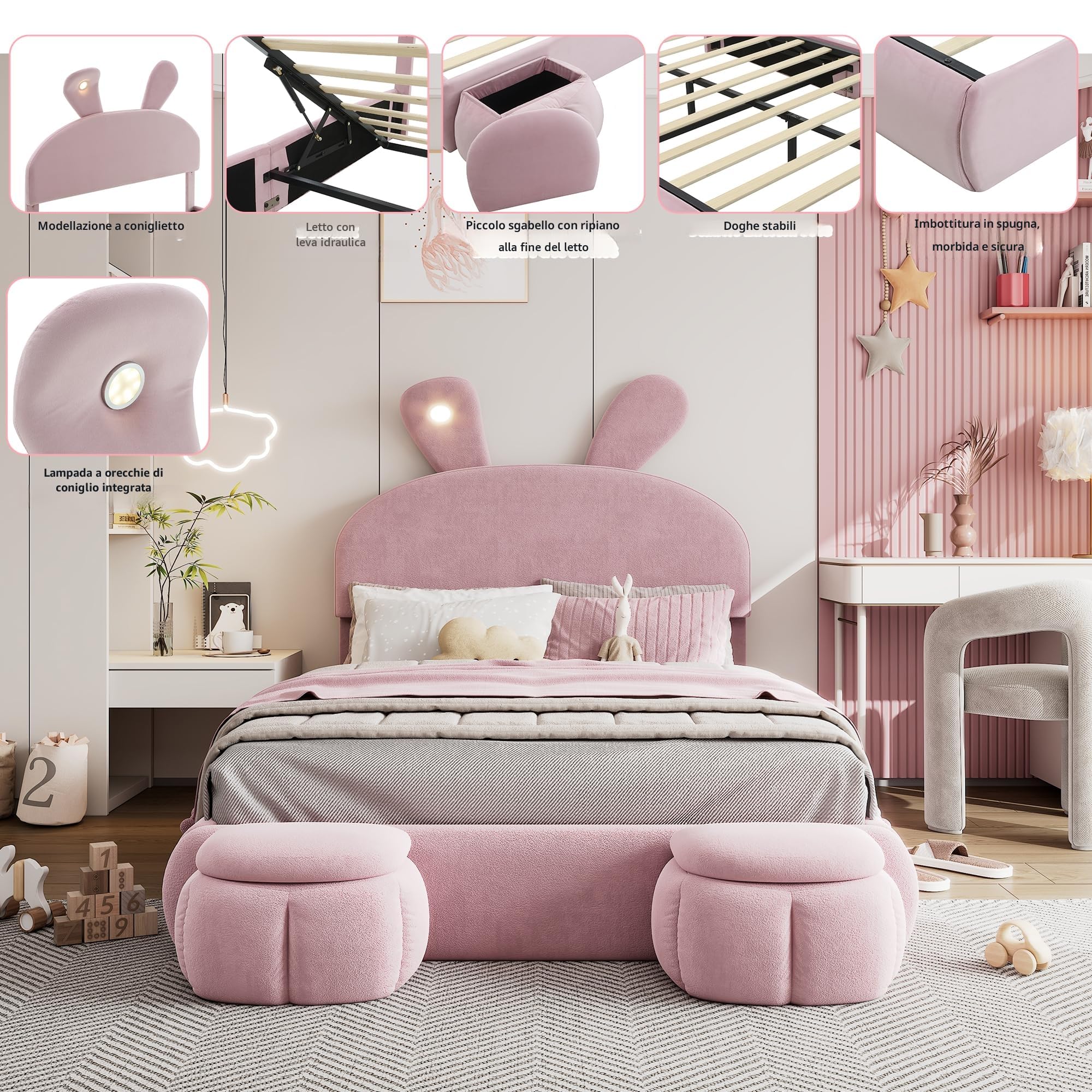 Letto Matrimoniale con Contenitore 140x200 con LED e 2 Sgabelli Contenitore, Letto Una Piazza e Mezza con Testiera e Vano Portaoggetti, Bambini con Rete a Doghe Struttura in Velluto, Rosa