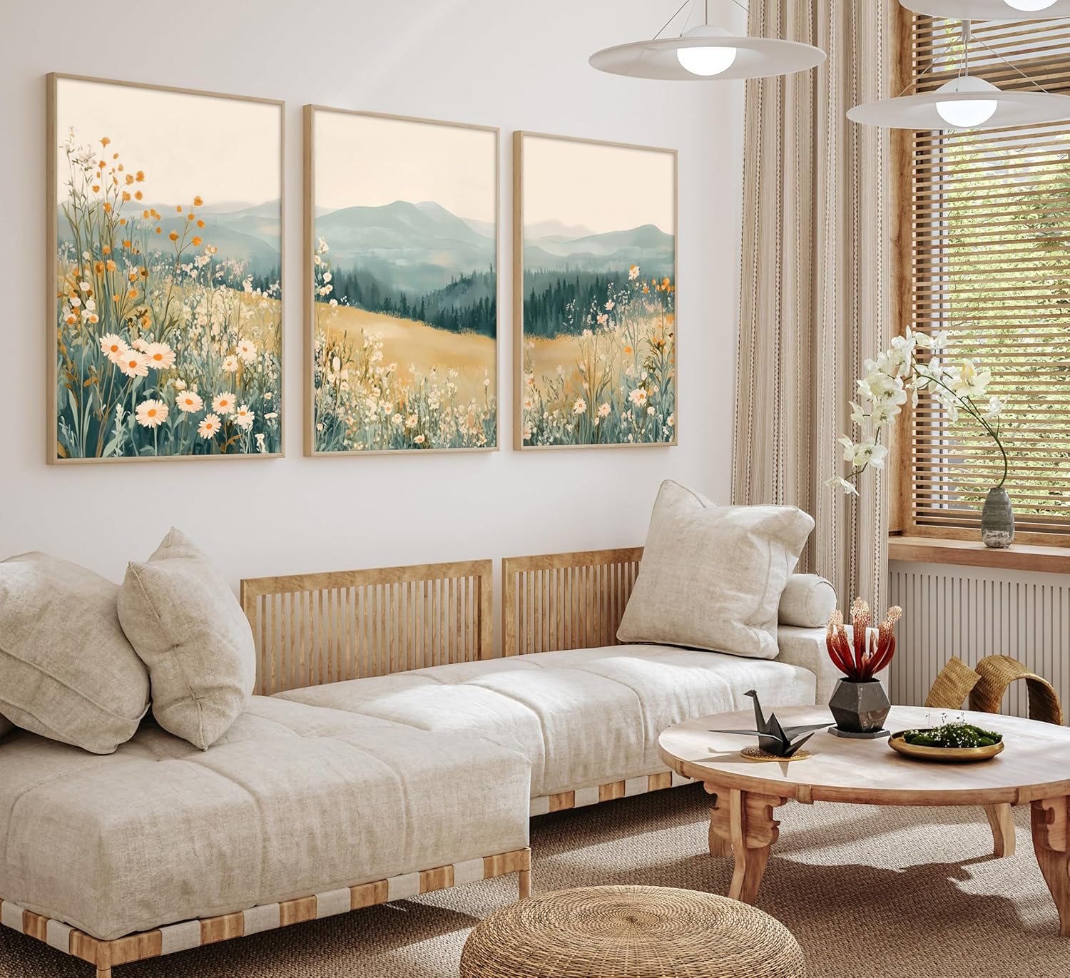 3Pcs Boho Mountains Flower Canvas Wall Art Daisy Wildflower Landscape Pictures Wall Decor Abstract Watercolor Floral Painting Prints Green Natural Scenery Poster Artwork for Living Room Bedroom Office