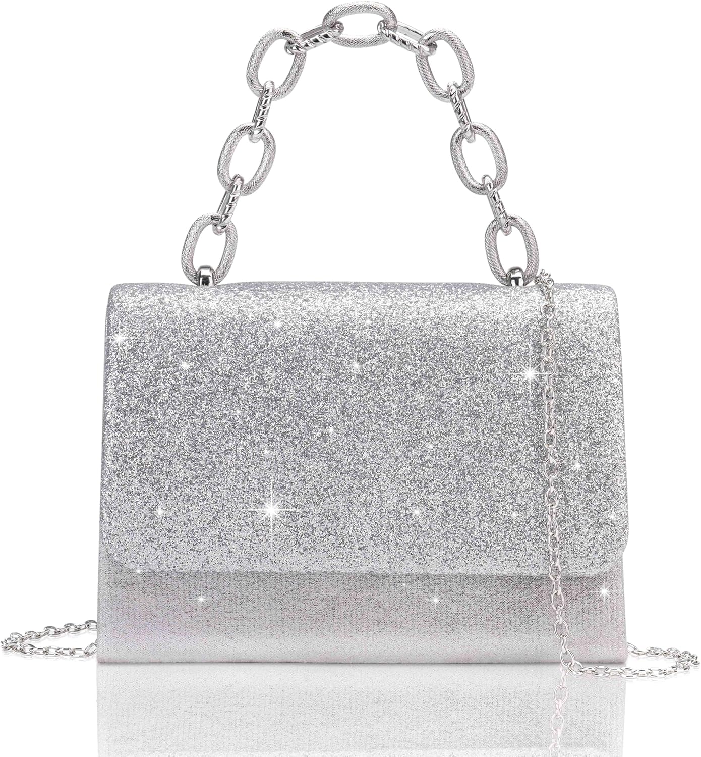 Evening Bag Sparkle Clutch Purse for Women, Silver Purse with Metal Handle, Small Formal Women Handbag with Detachable Crossbody Chain, Shinny Envelope Evening Clutch for Wedding Party Prom