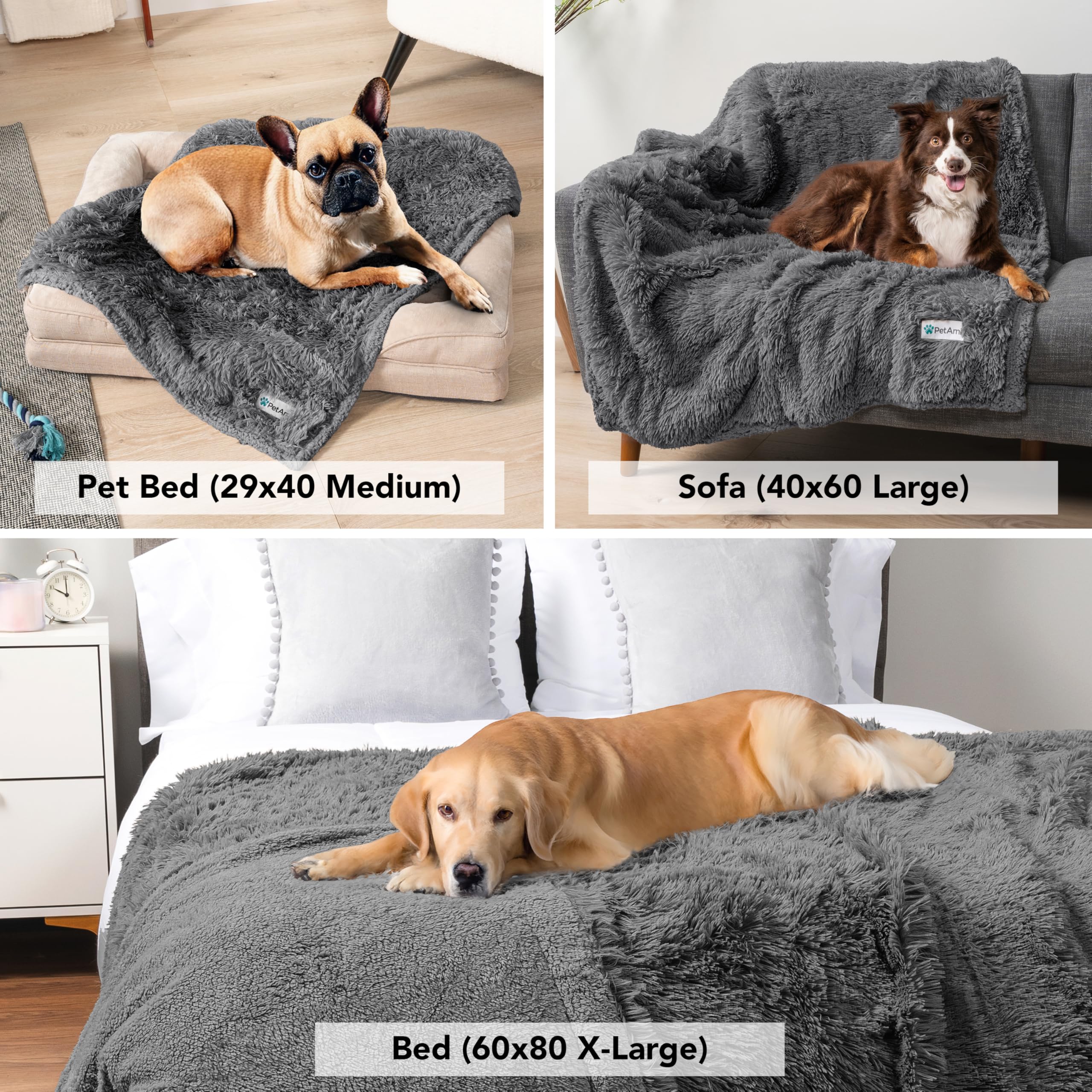 PetAmi Manta impermeable esponjosa para perro, manta de forro polar de piel sintética para mascotas para perros y gatos | Peluda suave y peluda Sherpa protector de muebles, sofá cama (gris, 40 x 60)