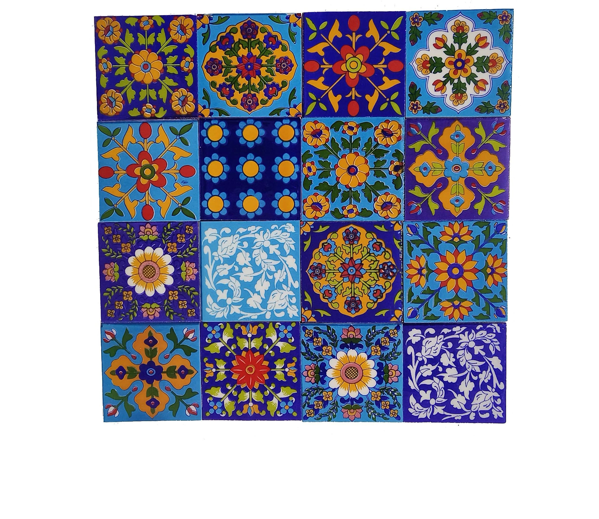 Shiv Kripa Blue Pottery Home Decorative Ceramic Wall Hanging Tile Design Flooring Tiles Floral Kitchen Washroom Mosaic Furniture Tile Handmade Backsplash 3 x 3 Inches (Pack of 16, Multicolor)