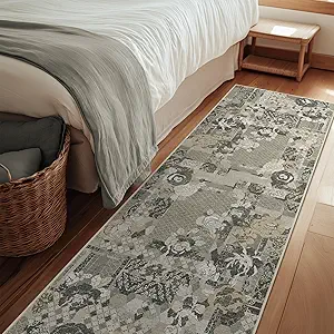 GENIMO Floral Runner Rug 2X6, Machine Washable Non Slip Vintage Patchwork Hallway Runner, Ultra-Thin Low Pile Runners for Indoor Entryway, Hallway, Kitchen and Corridor, Taupe Gray