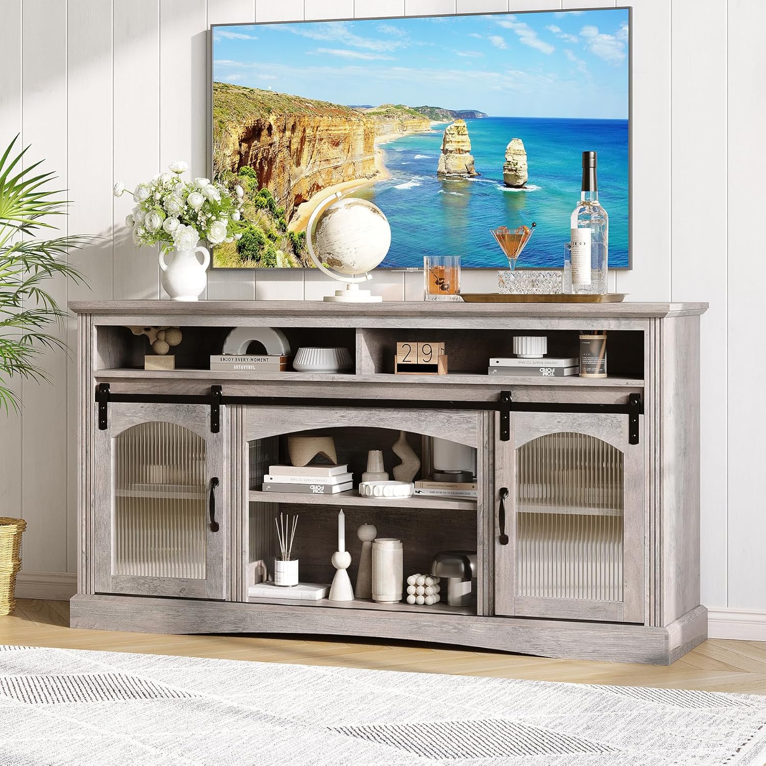 Maupvit 65 inch TV Stand with Led Light, 33 Inch Tall Entertainment Center Farmhouse Console Table with Glass Barn Doors & Adjustable Shelves, Wood Television Stands for Living Room, Home Theater