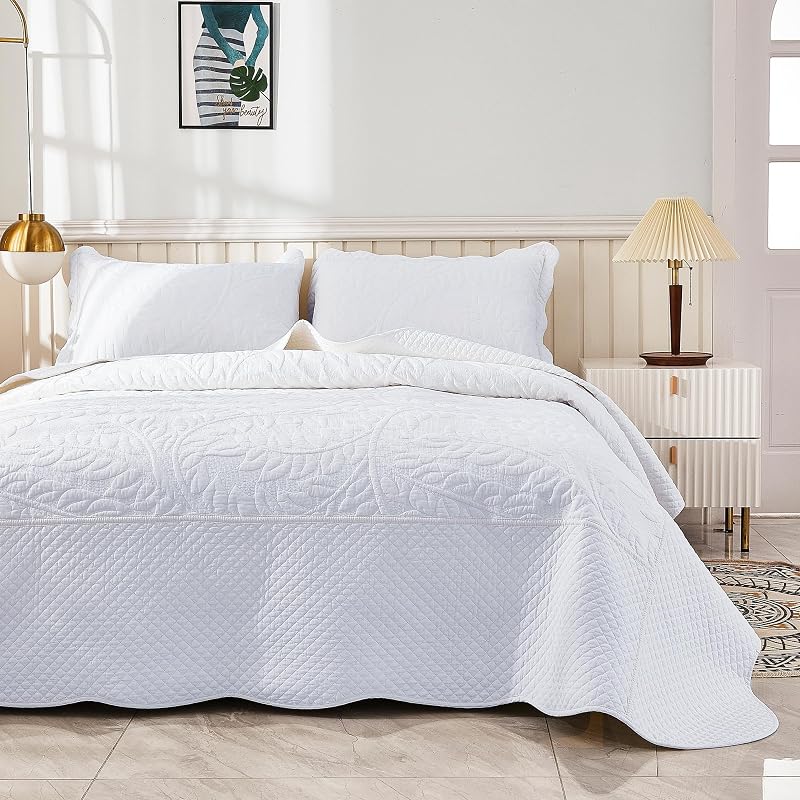 MarCielo 3-Piece 100% Cotton Oversized Bedspread Lightweight Quilt Coverlet Embroidery Farmhouse Bedding Set T0 (Bright White, Oversized Queen (100"x106"))