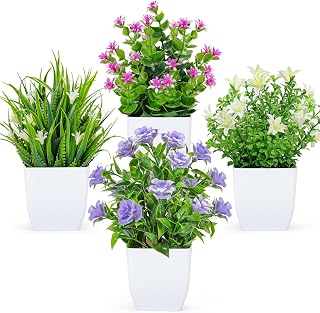 BTSD-home 4 Pack Small Fake Plants Mini Artificial Fake Plants with Flowers for Home Room Farmhouse Bathroom Decor Indoor
