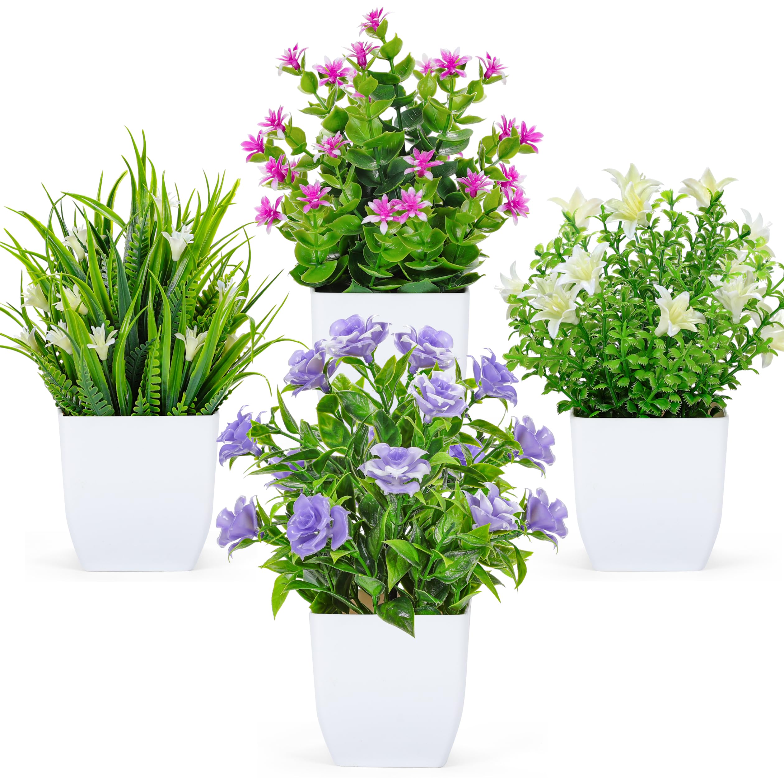 BTSD-home 4 Pack Small Fake Plants with Flowers for Desk Shelf Decor