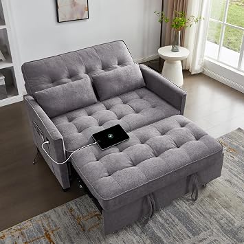 Convertible Sofa Bed, 3 in 1 Pull Out Couch, Loveseat Sleeper with Side Pocket, Sleeper Sofa with Adjustable Backrest | USB Charging Port | Two Pillows | Fabric | Light Grey
