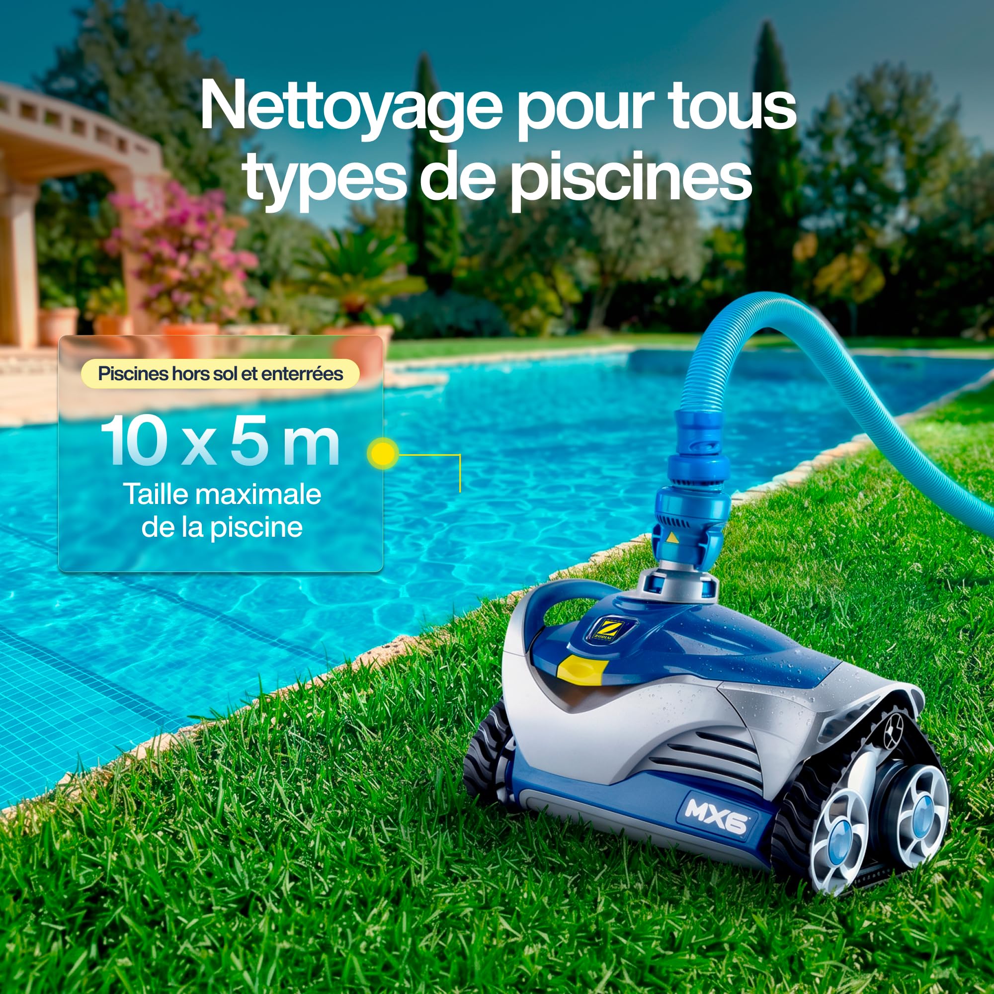 Zodiac W79102 MX6 - Robot Nettoyeur de Piscine Hydraulique, Fond et Parois, pour Piscines 10 x 5 m Maximum, Aspiration Mécanique