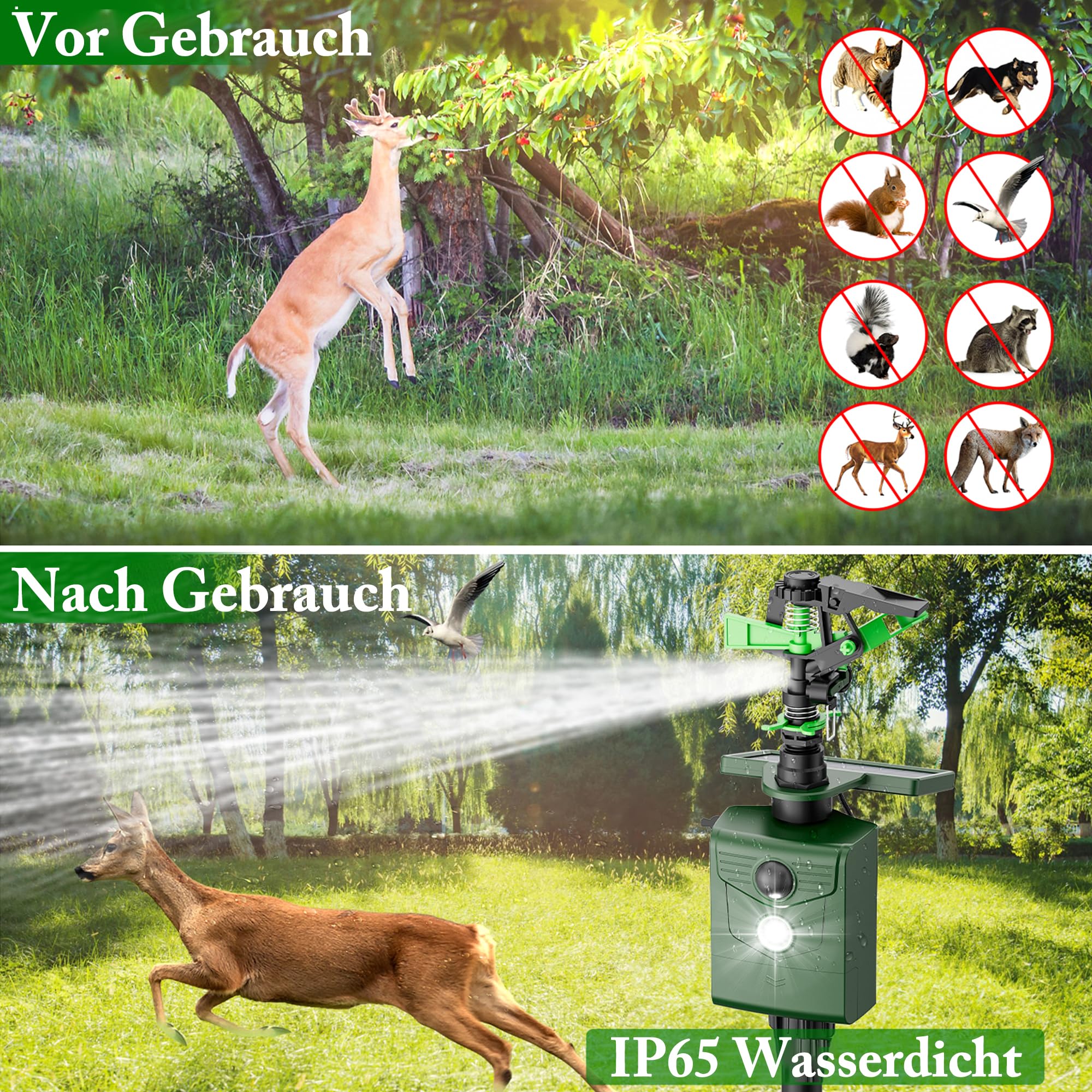Repellente per animali domestici, repellente per gatti, rilevatore di movimento PIR, spaventapasseri per giardino e stagno, ricarica USB e ricarica solare in due modalità, spaventapasseri per uccelli