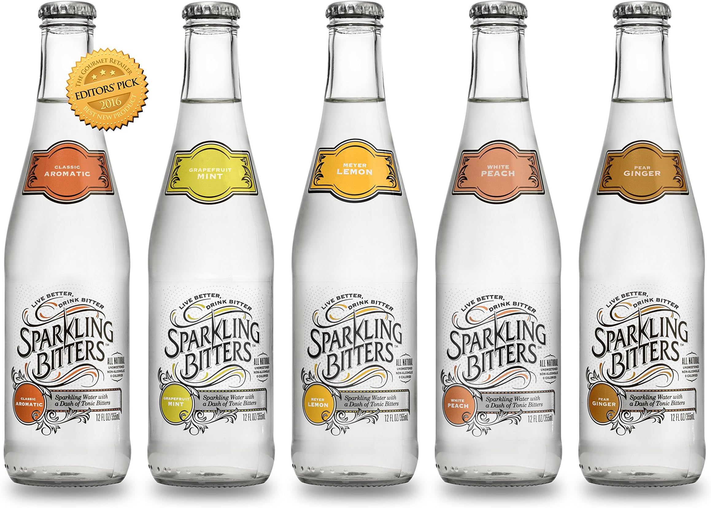 Sparkling Bitters Water, Variety Pack, 12 oz glass-bottle (Pack of 12)