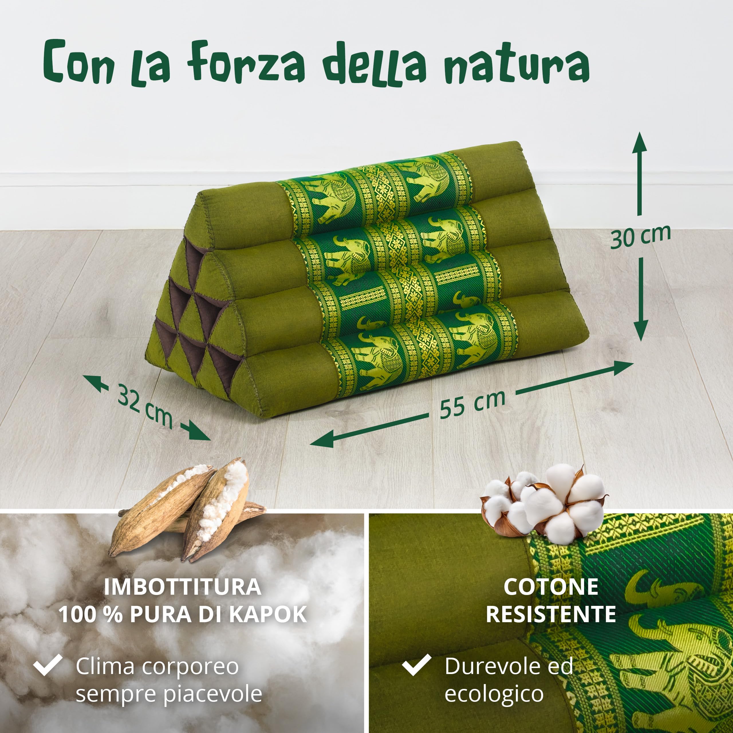 livasia Cuscino per la Schiena in Seta thailandese - 32x55x30cm - Cuscino Triangolare per Il Giardino e Il Balcone, Cuscino a Cuneo con kapok, Fatto a Mano (Verde/Elefanti Seta)