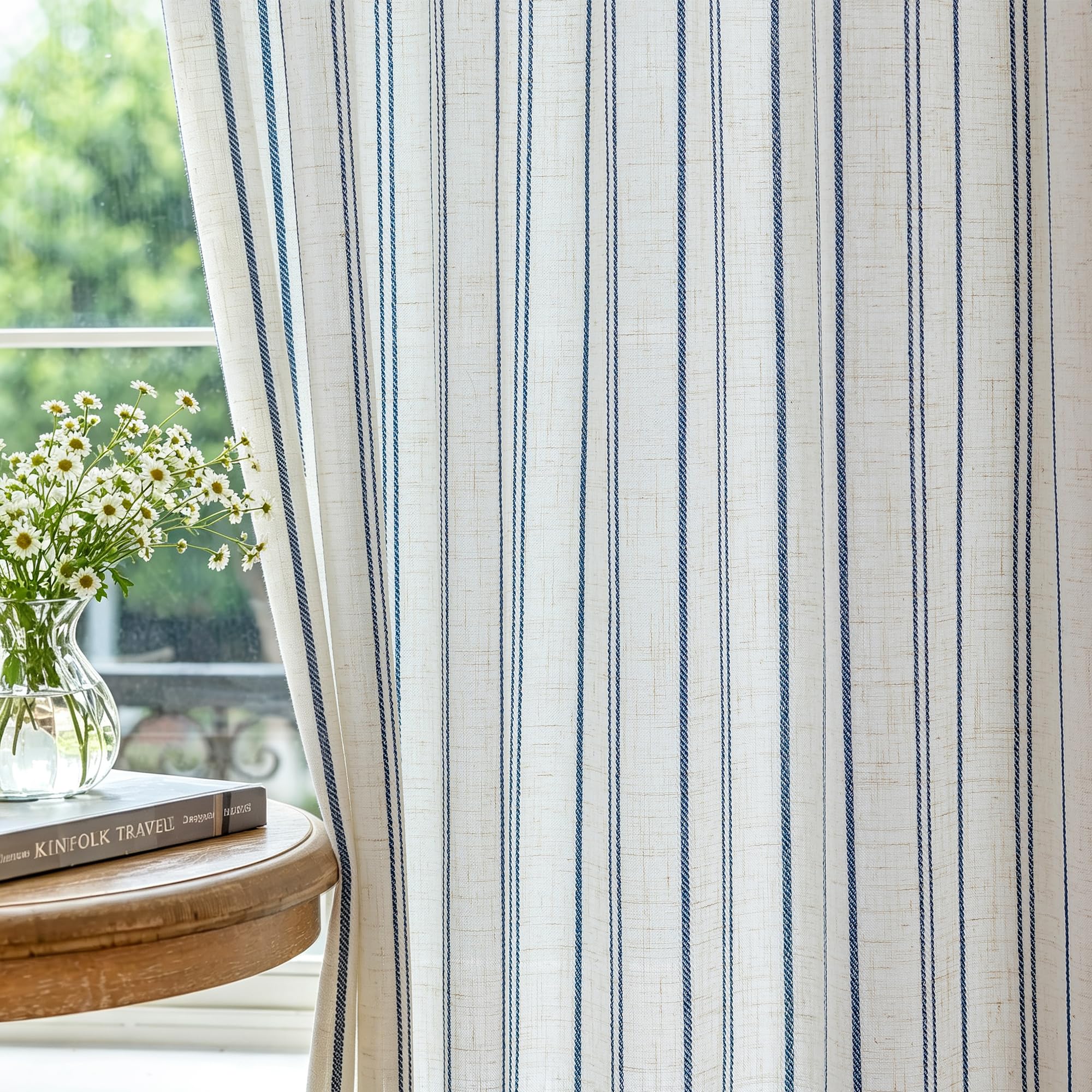 Cortinas con ojales de lino semitransparente con rayas, 140 x 225 cm