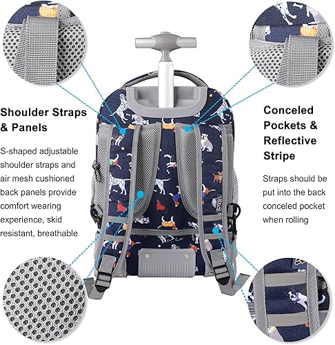 Miniatura 4 de Tilami Mochila con ruedas para laptop de 18 pulgadas para niños y niñas, azul (Dog Blue), Tilami Mochila con ruedas de 18 pulgadas