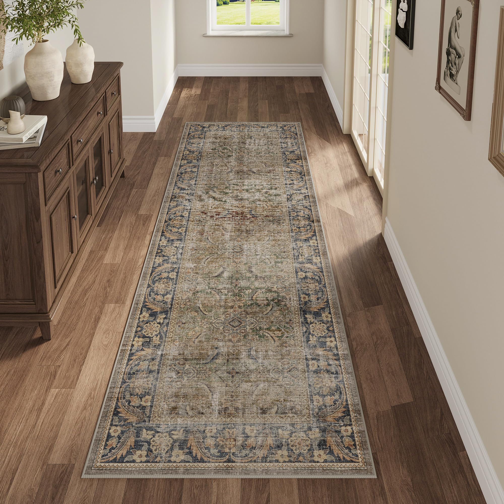 FMFUNCTEX 2x6 Hallway Runner Rug Washable Brown Multi Vintage Distressed