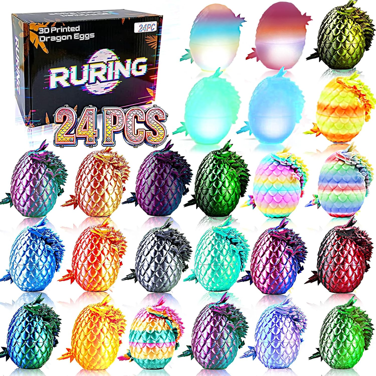 24PC 3D Printed Dragon Easter Eggs,Easter Basket Stuffers with Dragon Inside Stress Relief Fidget Toy,Fantasy Office Desk Decor Surprise 3D Printed Animals Toy,Unique Easter Eggs Gifts for Aduls Kids