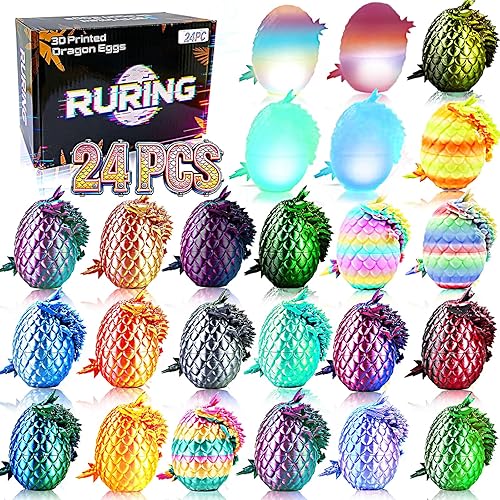 24PC 3D Printed Dragon Easter Eggs,Easter Basket Stuffers with Dragon Inside Stress Relief Fidget Toy,Fantasy Office Desk Decor Surprise 3D Printed Animals Toy,Unique Easter Eggs Gifts for Aduls Kids