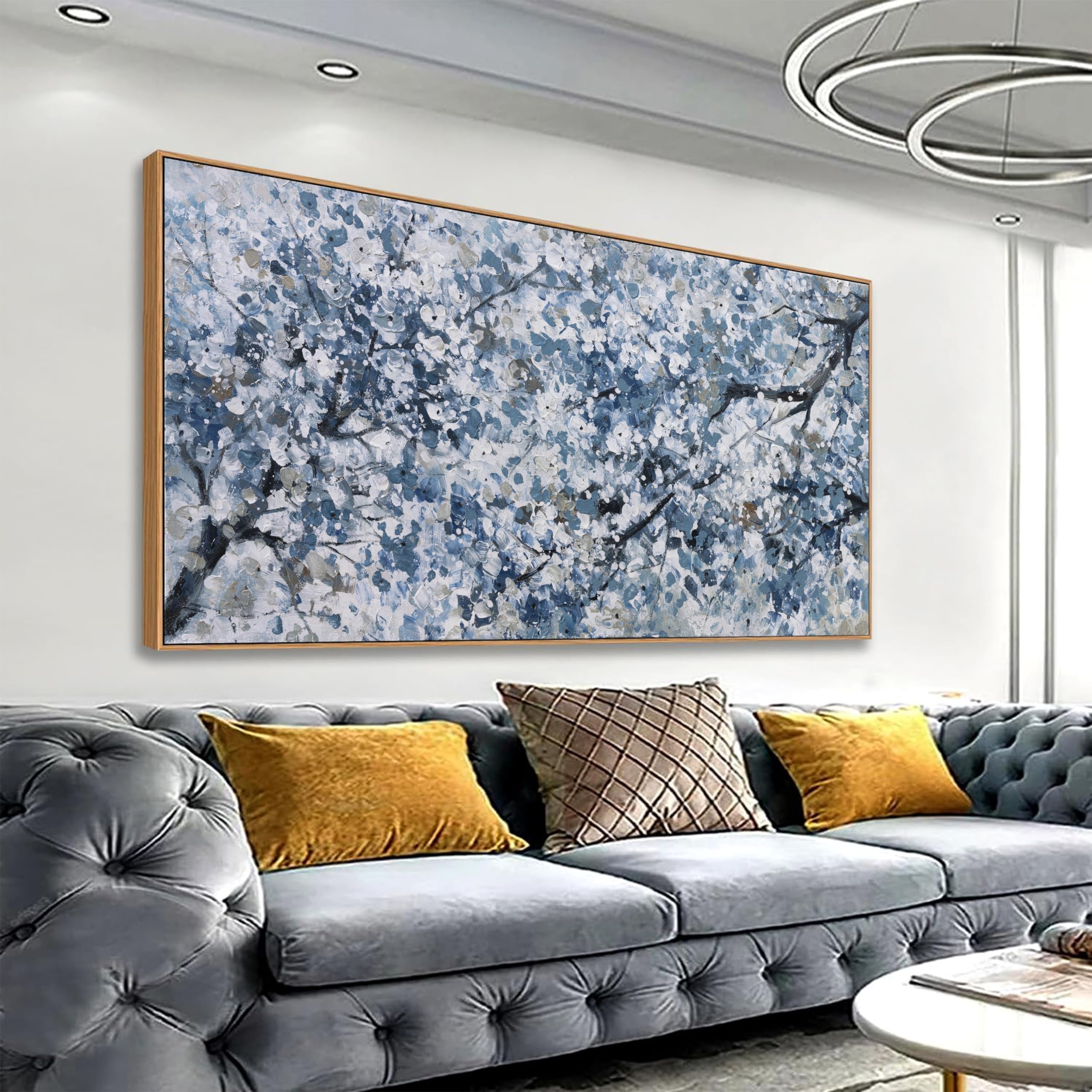 Modern Wall Art Nature Art Canvas Artwork Wall Decor Painting Dark Blue And White Abstract Tree Botanical Wall Art With Framed For Bedroom Living Room