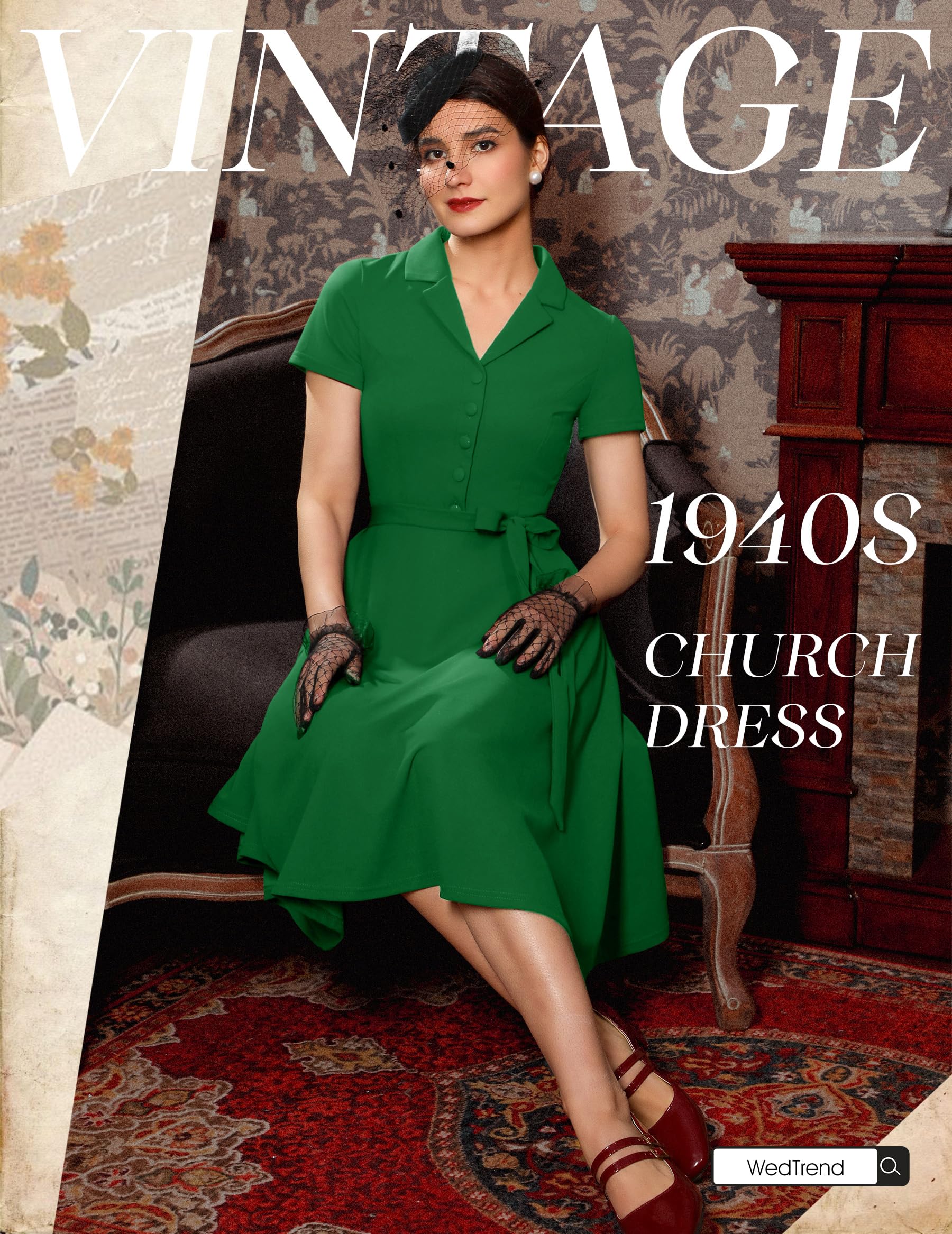 Wedtrend Damska sukienka herbaciana w stylu vintage, z krótkim rękawem, koktajlowa, na imprezę, do pracy, kościoła, na co dzień