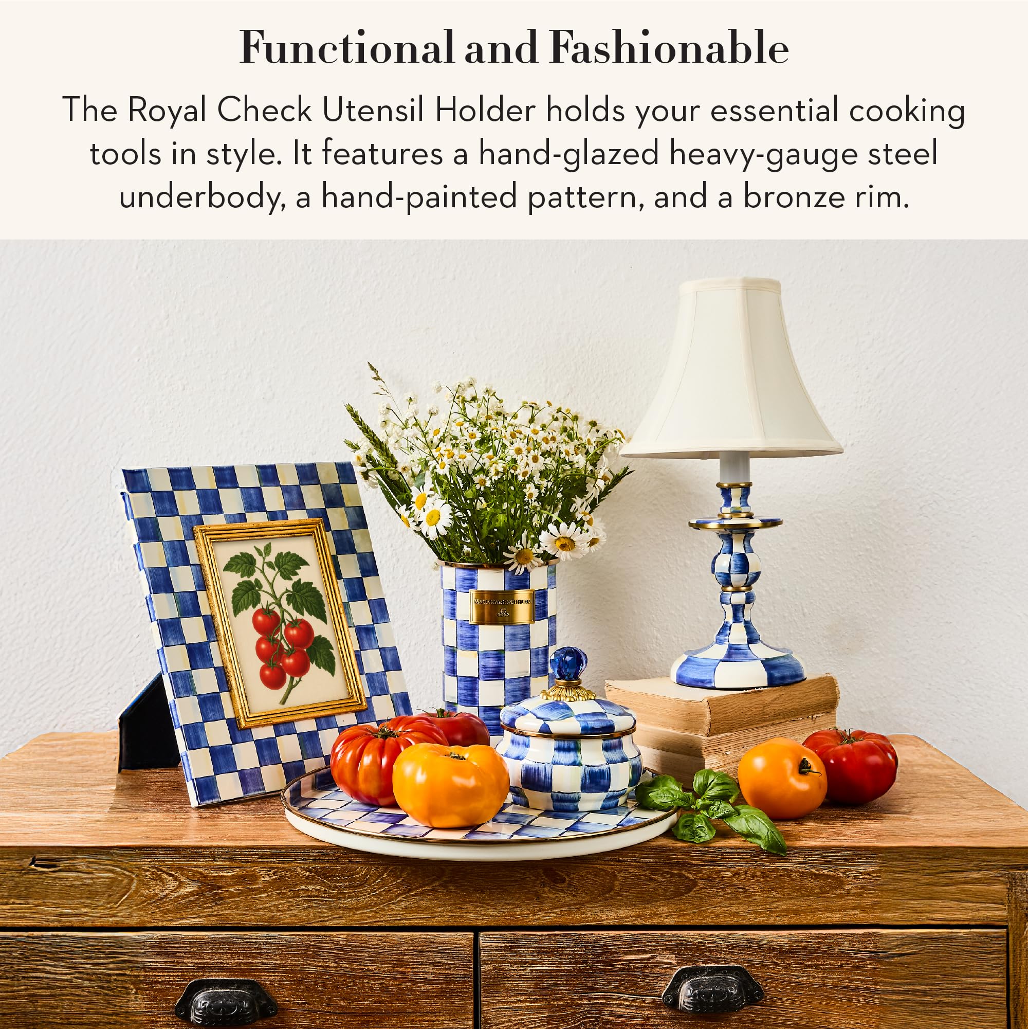 MACKENZIE-CHILDS Enamel Utensil Holder Blue-and-White Royal Check | Hand-painted design made from enameled steel ideal for storing and organizing kitchen utensils 5 dia. x 8.5 H product thumbnail 4