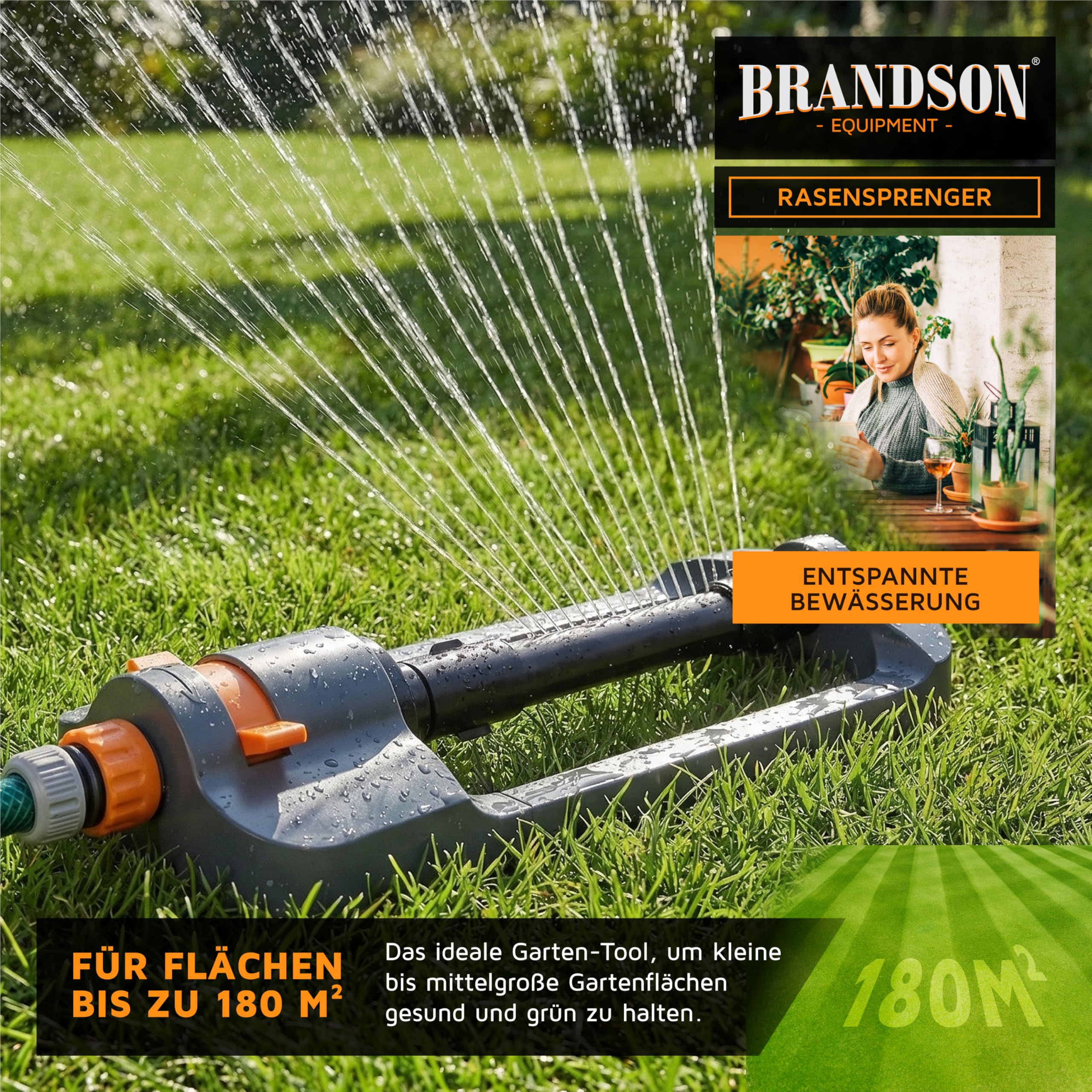 Brandson - Rasensprenger Viereckregner 3/4 Zoll – 17 Düsen (6 separat einstellbar) – für große Flächen – Oszillation 20° bis 140° – Sprengweite bis 15 m - Schnellkupplungsadapter - Garten Rasensprinkl