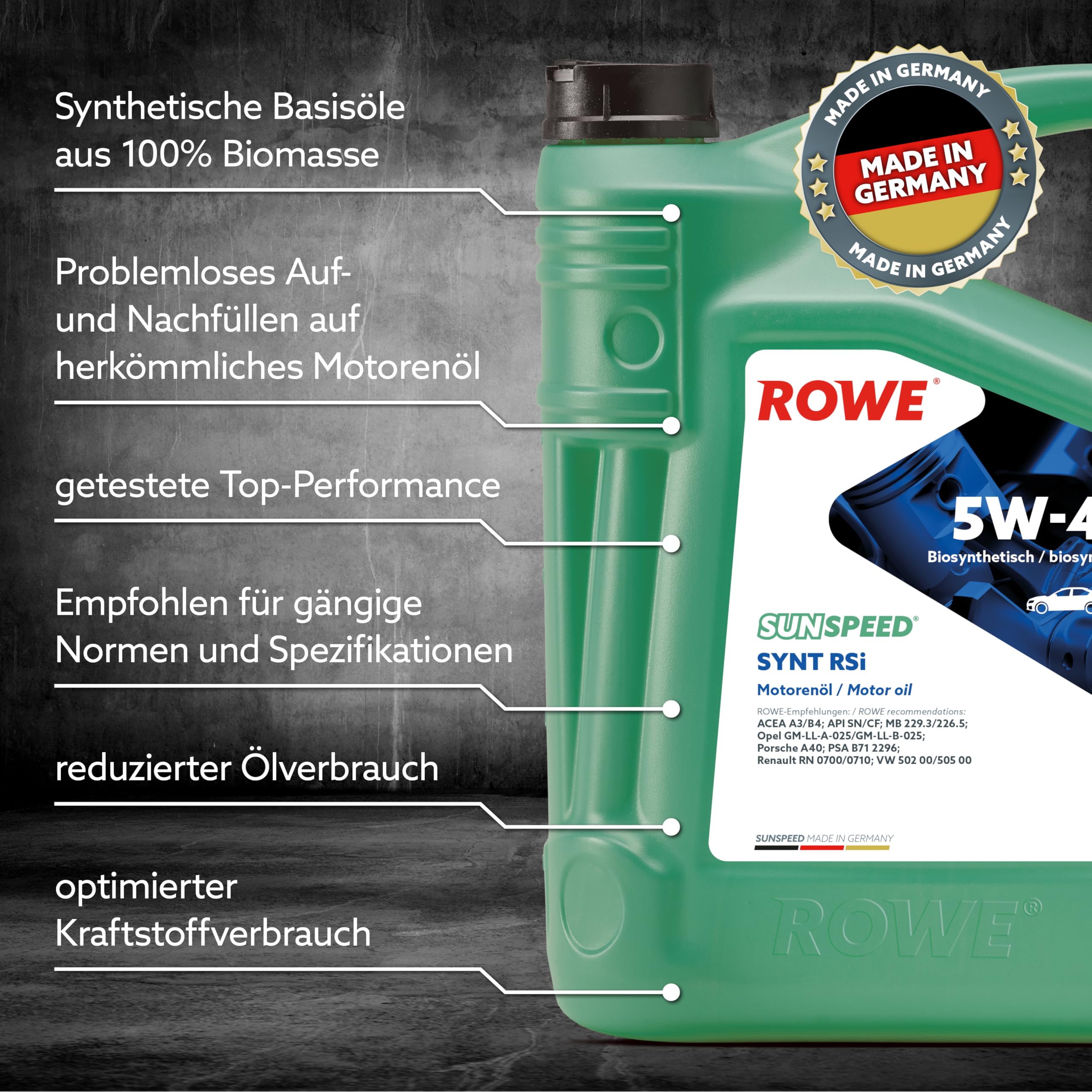 ROWE SUNSPEED SYNT RSi SAE 5W-40, 5 Liter, Mehrbereichs-Motorenöl | Mehrbereichs-Motoröl biosynthetisch für Pkw-Otto- und Dieselmotoren, Art. Nr. 4920068