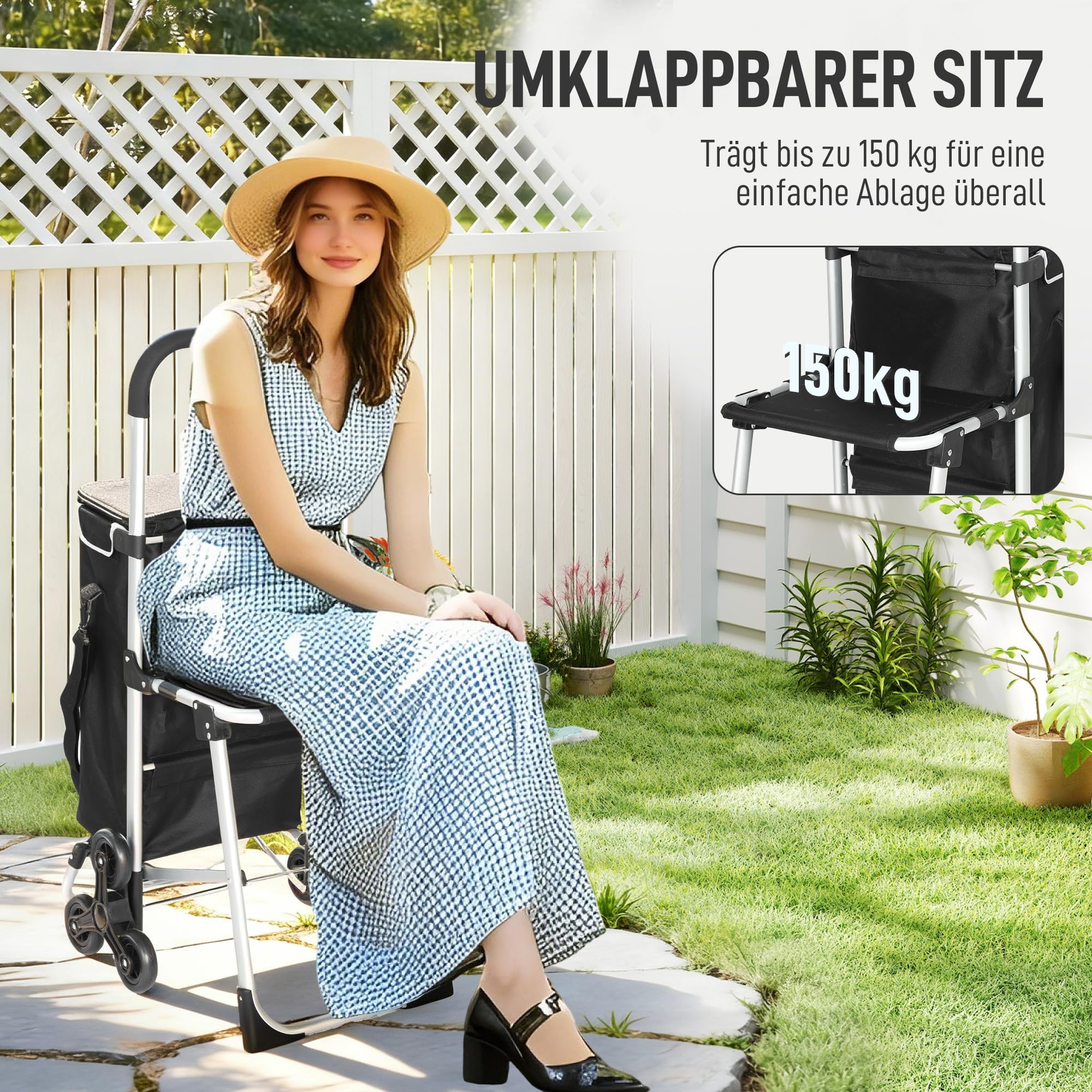 HOMCOM 3-in-1 Einkaufstrolley klappbar mit 40L Kapazität, klappbar Sitz, Trolley bis 25kg belastbar Einkaufswagen Sackkarre Umhängetasche Treppensteiger Schwarz