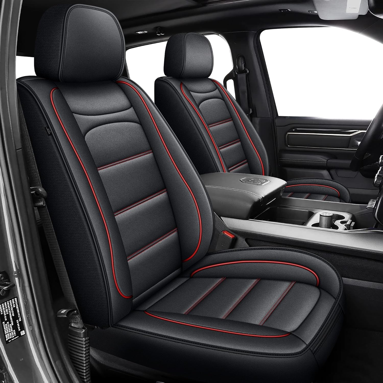 Seat Covers Fit for Dodge RAM 1500 2002-2025: Compatible with RAM 1500 2500 3500 Crew Double Quad Cab Truck Pickup Car Seat Cover Faux Leather Seat Covers(Flat Bench, Full Set, Redline) 017# Redline 3) RAM 1500 (Flat Bench)-5 Seats
