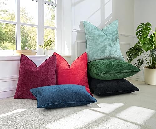 decorUhome Couch Throw Pillow Covers 18x18 Set of 2, Decorative Soft Euro Neutral Chenille Pillow Covers with Elegant Design for Sofa Bed Living Room Home Decor, Beige(Green,18" x 18" (Pack of 2))