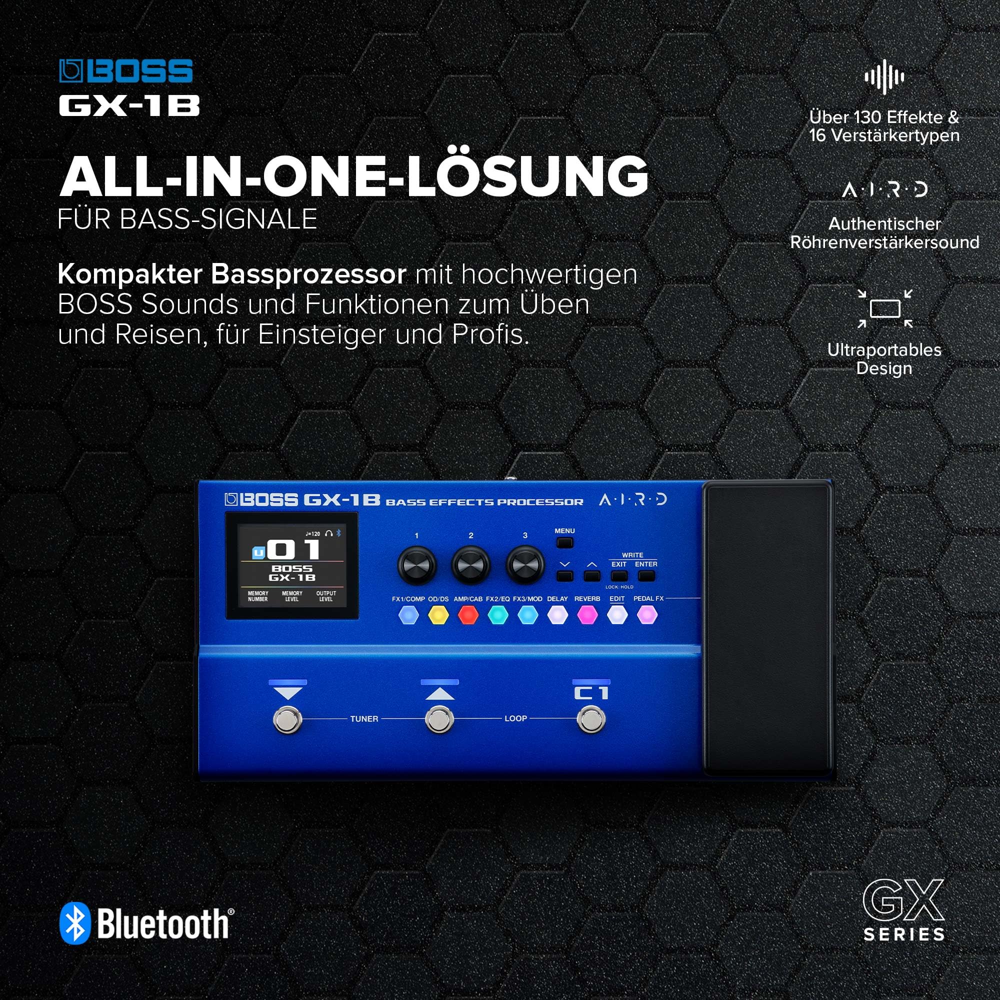 BOSS GX-1B | Ultraportabler Bass-Effektprozessor | Legendäre Verstärker & Effekte | Hochwertige AIRD Soundengine | Ideal für Bass-Einsteiger | Bluetooth-Verbindung | Flexible Leistungsoptionen