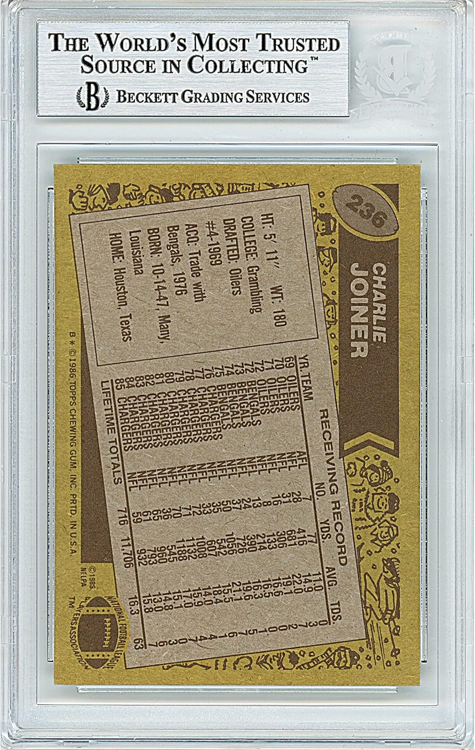 Charlie Joiner Autographed 1986 Topps #236 Football Trading Card Slab Beckett BAS Authentic Slabbed COA Played For San Diego Chargers NFL