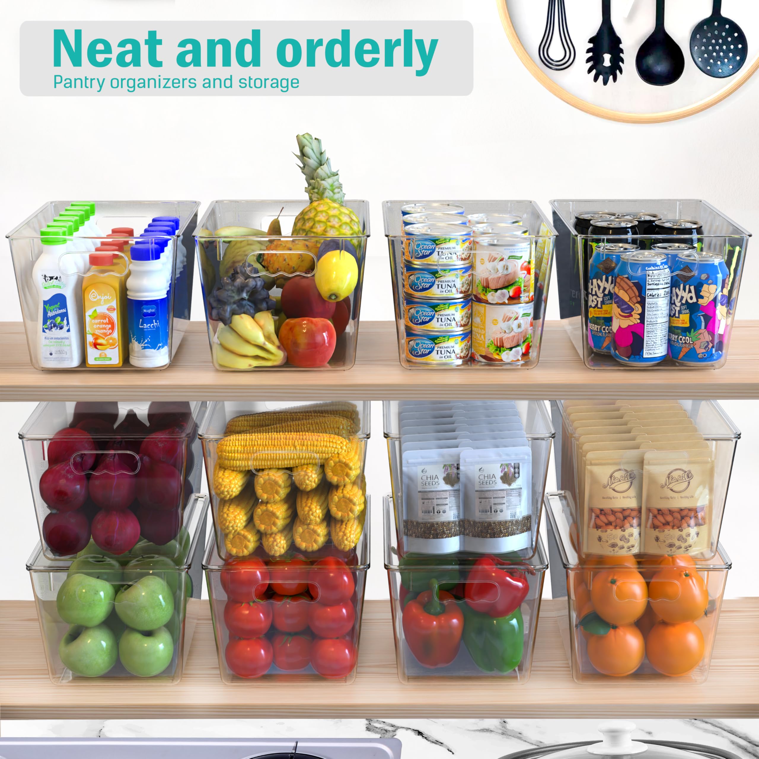 YAN & HIN 8 pcs/set Large Clear Cabinet Storage Bins with Lids - Stackable, Transparent Pantry Storage with Handles, Freezer Plastic Containers (11 