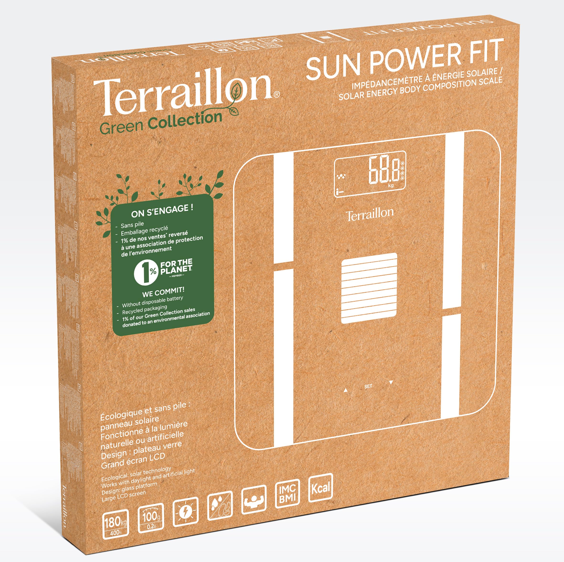 TERRAILLON Balance Pese Personne Solaire, sans piles SUN POWER FIT | Alimentation énergie solaire et lumière artificielle, Sans piles ni batterie, Impédancemètre, Jusqu'à 180 kg, Précision 100g