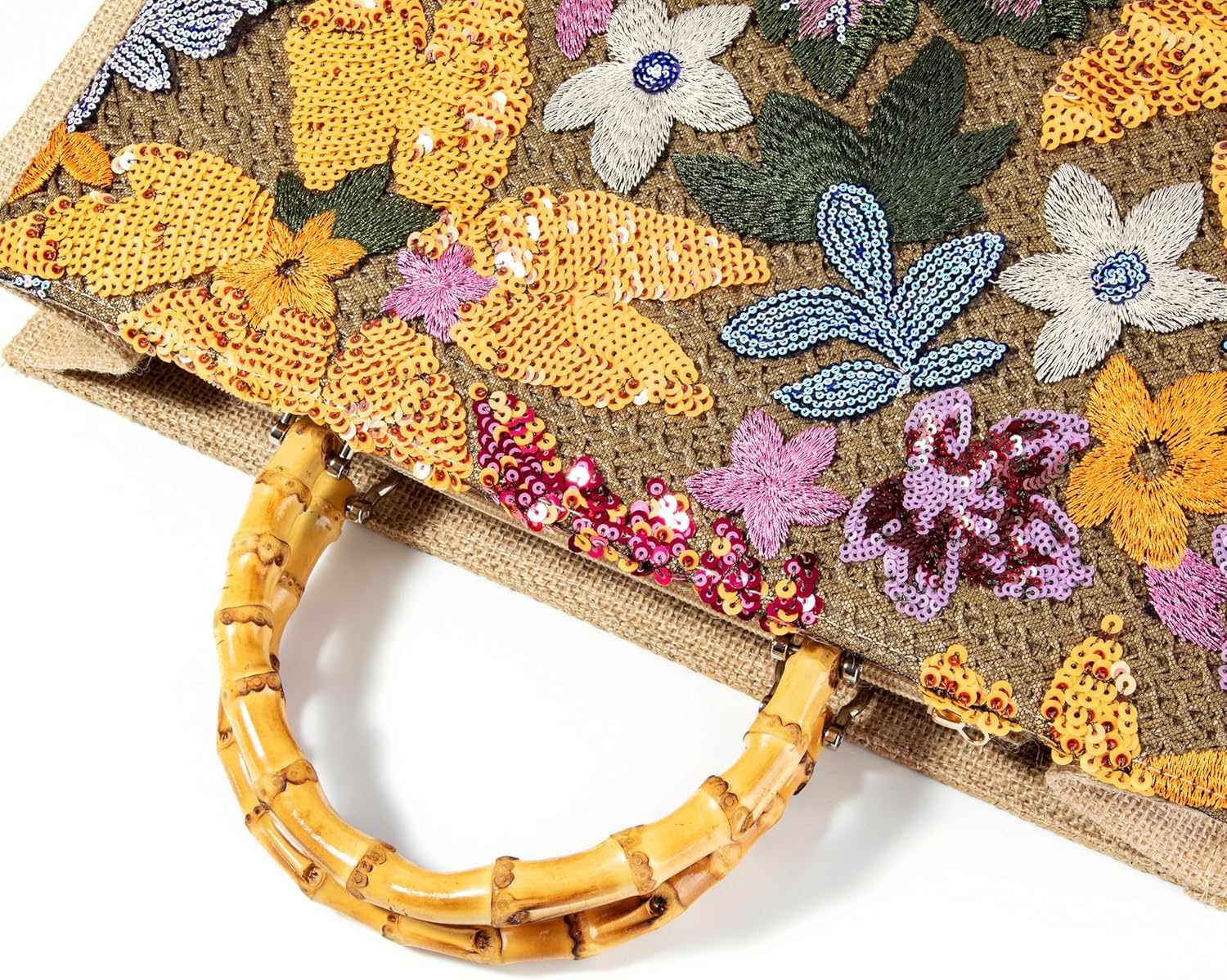 Bamboo Handle Sequin Embroidered Floral Tote Bag Evening Handbag for Wedding Party