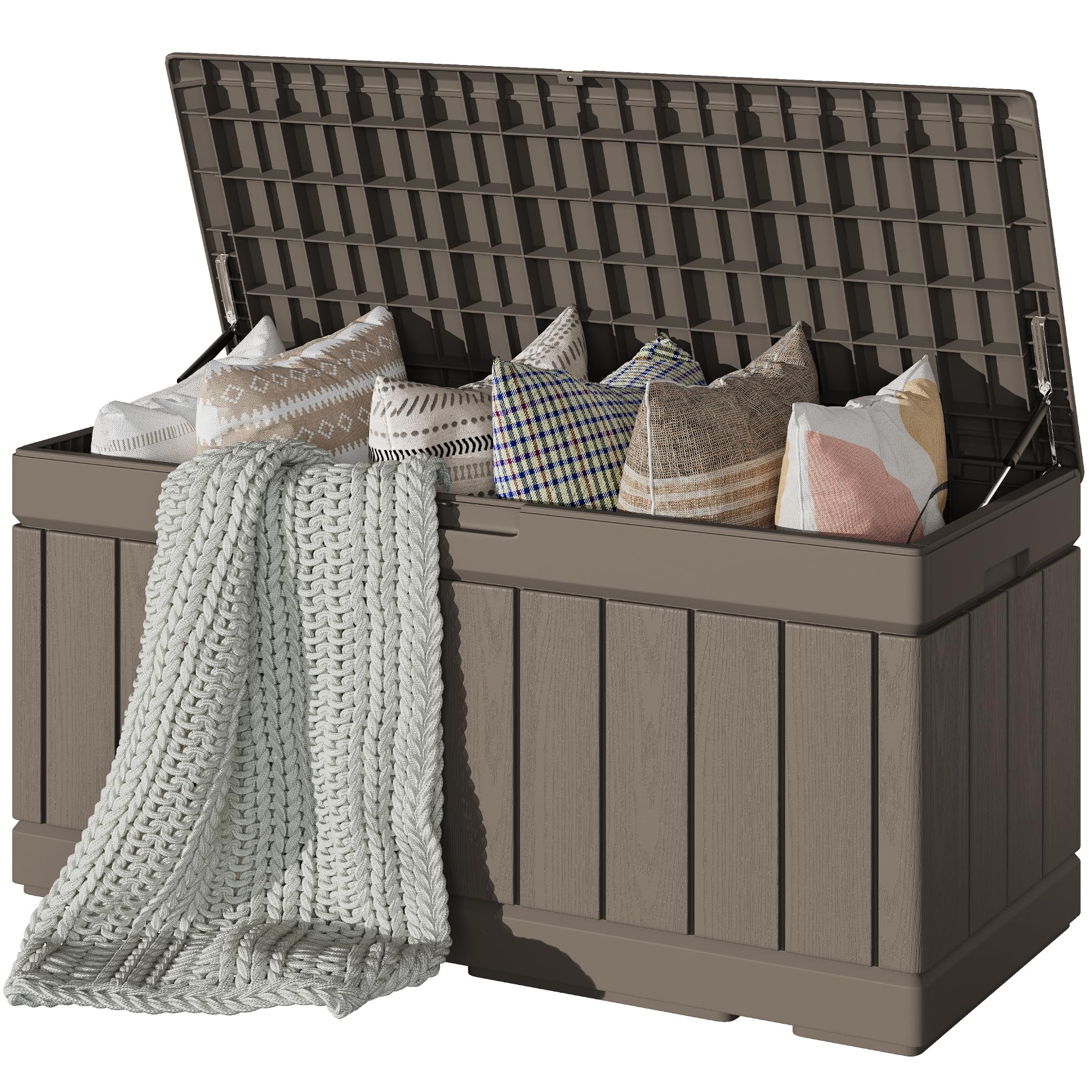 Devoko 78 Gallon Deck Box, Waterproof Resin Outdoor Storage Box for Outside and Patio, Outdoor Storage Bench Lockable for Patio Furniture, Garden Tools and Pool Supplies (Light Brown, 78 Gallon)