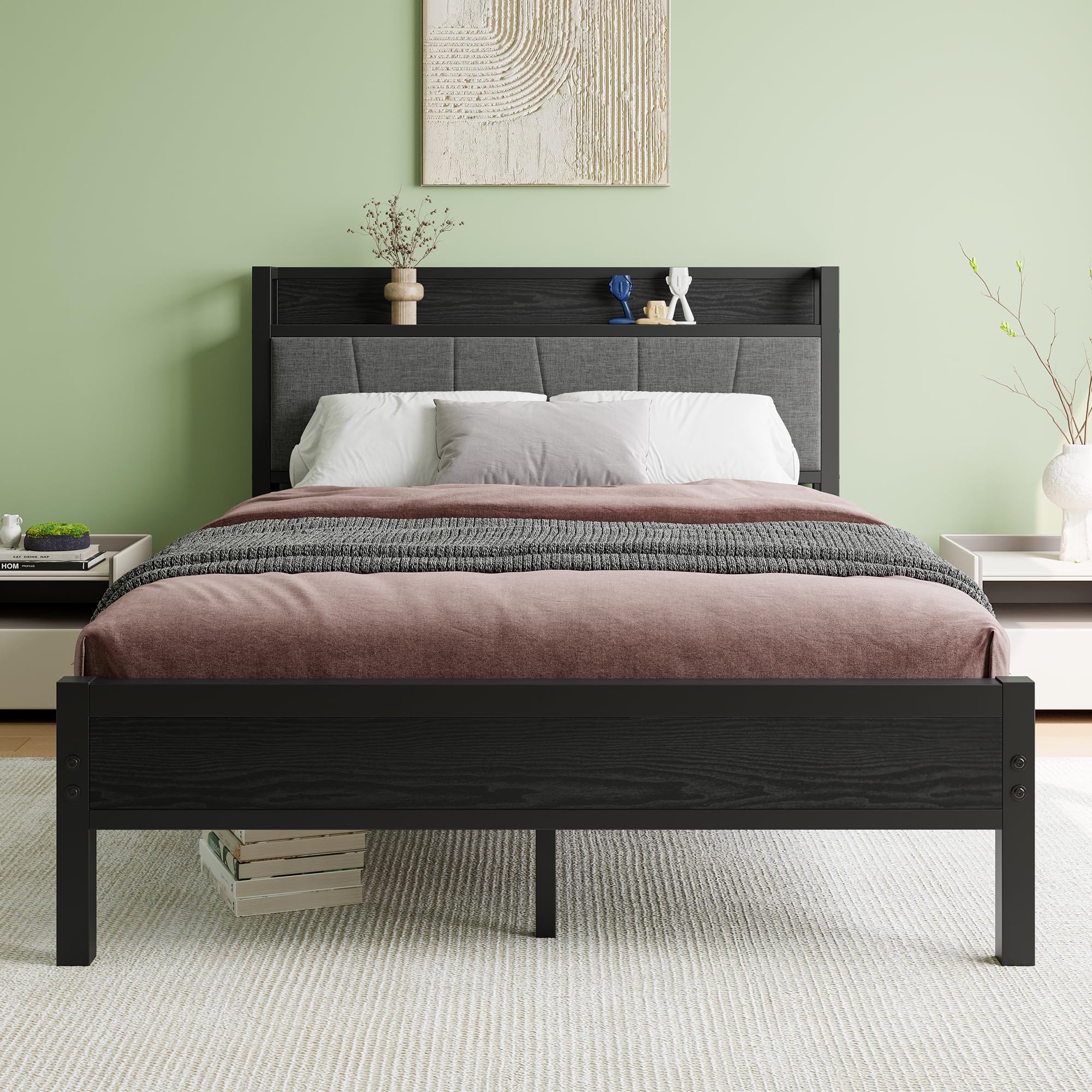 Double Bed Frames with Wooden Storage Headboard,Heavy Duty Metal Upholstered Platform Bed Frame Double Bed,Mattress Base/Strong Steel Slat Support/Under Bed Storage/Black