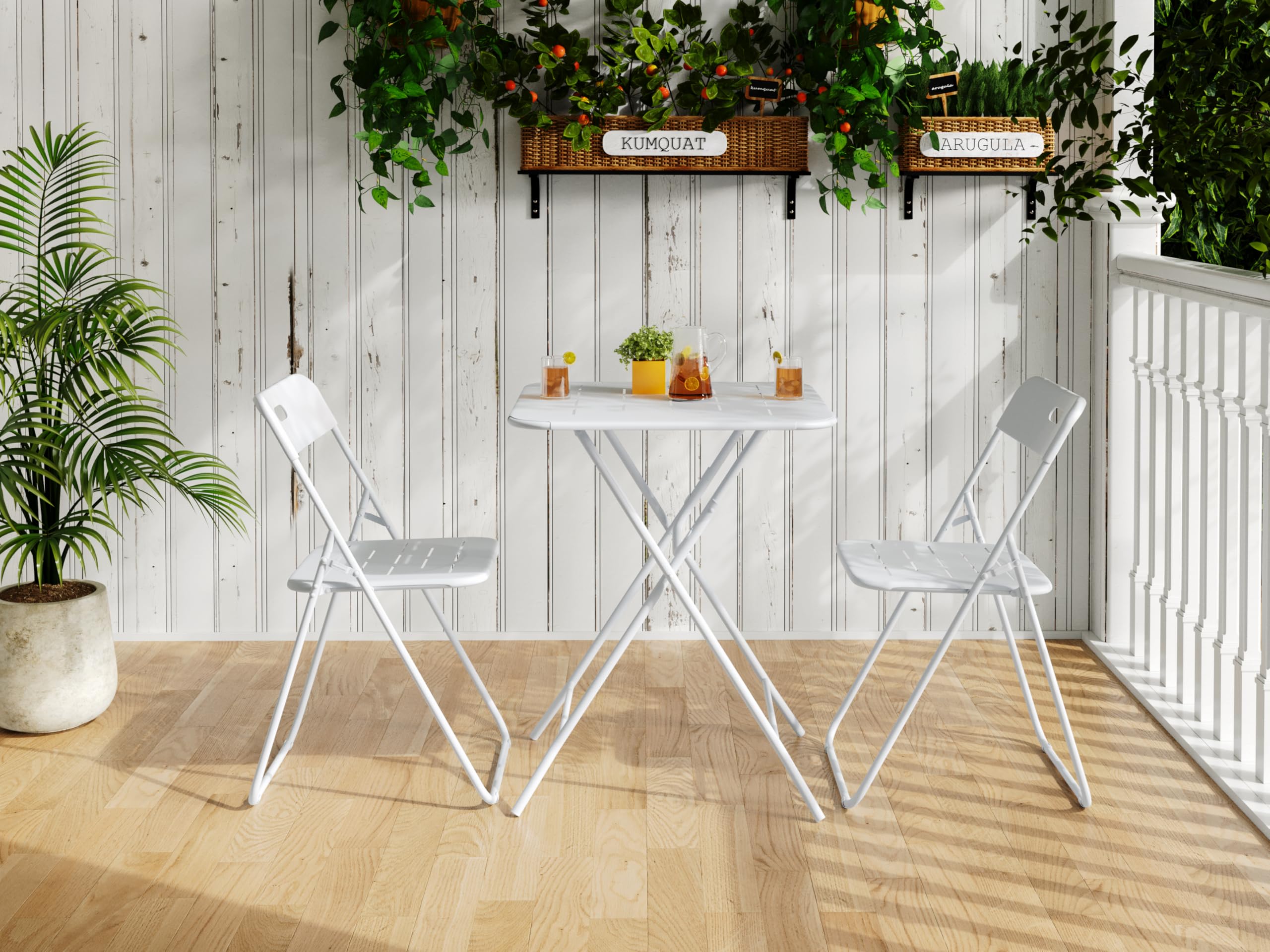 vutizal Set da bistrò pieghevole da 3 pezzi, 2 sedie e 1 tavolo, pieghevole, in acciaio con rivestimento E, resistente alle intemperie, bianco, per balcone, terrazza e giardino, set di mobili da