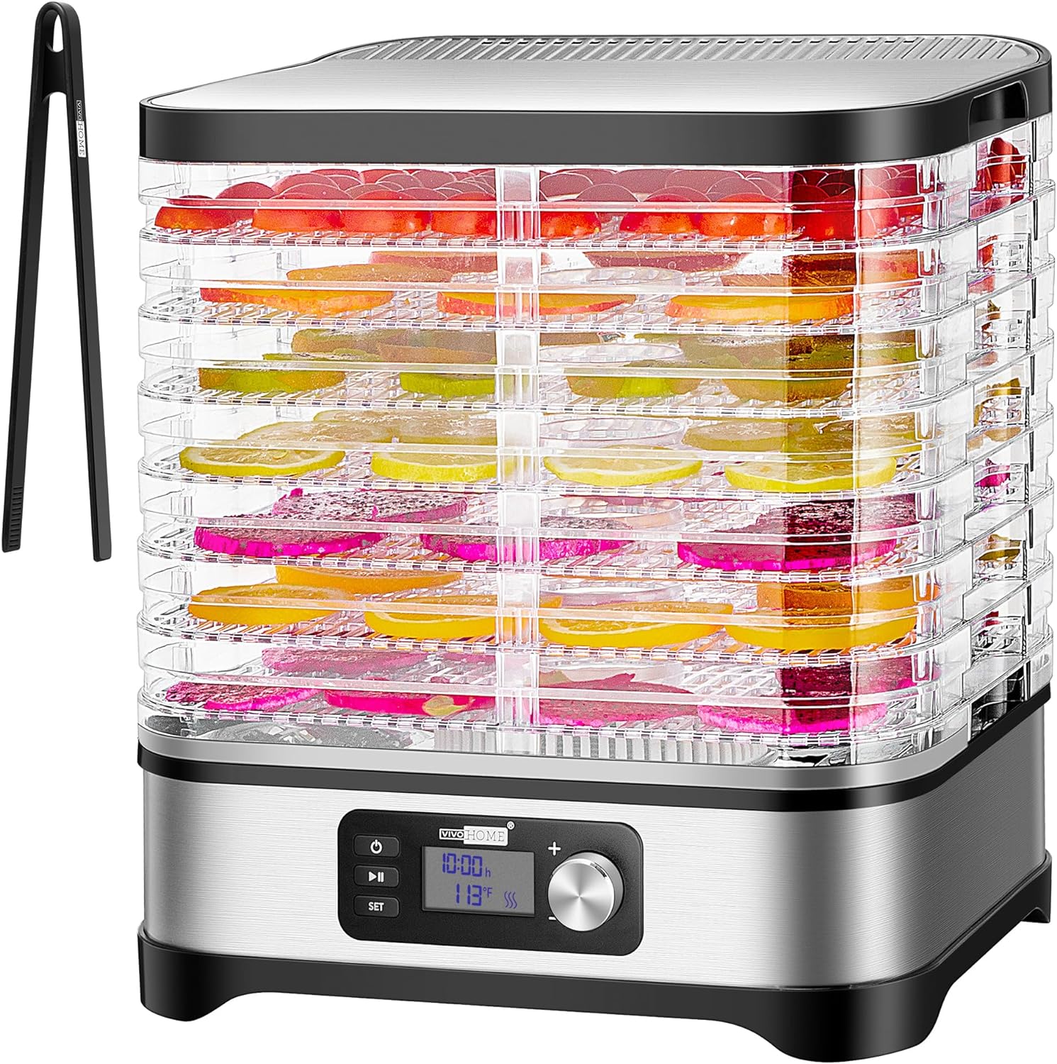 VIVOHOME Food Dehydrator Machine with 8 trays filled with various dried foods and a pair of tongs.