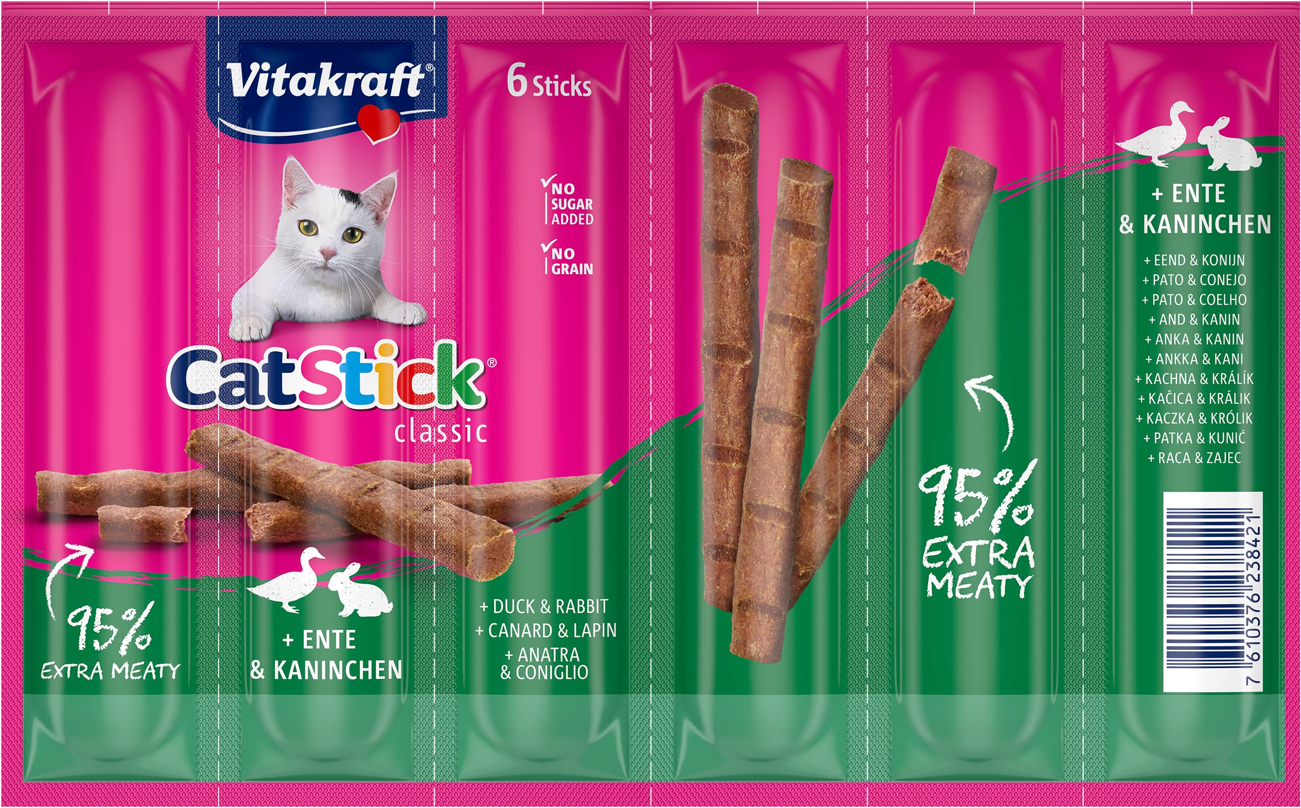 Vitakraft Cat Stick Classic, aperitivo para gatos, minipalitos carnosos, con pato y conejo, en tamaño de almacenamiento (1 x 6 piezas)