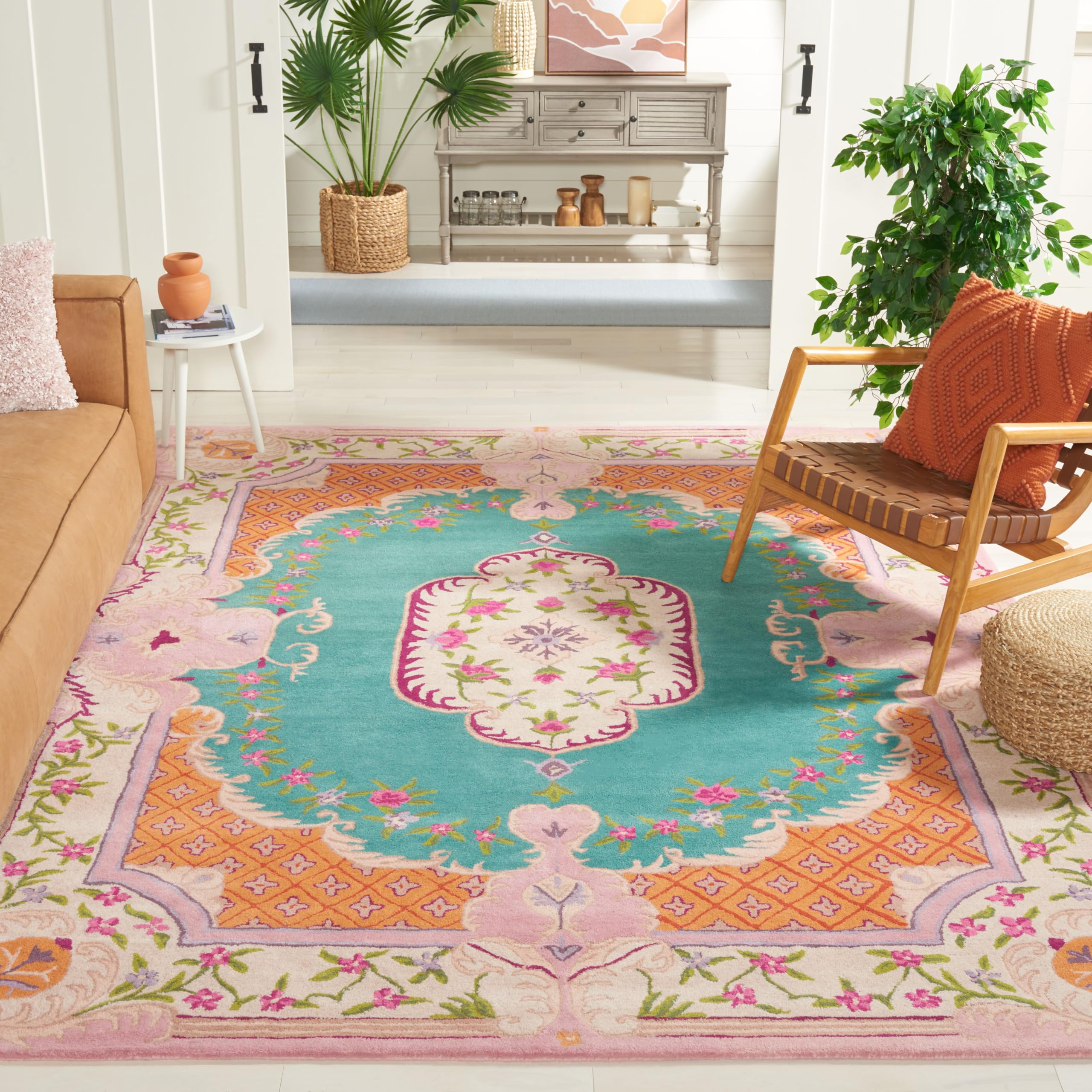 SAFAVIEH Bellagio Collection Area Rug - 9' x 12', Blue & Pink, Handmade Medallion Wool, Ideal for High Traffic Areas in Living Room, Bedroom (BLG535M)