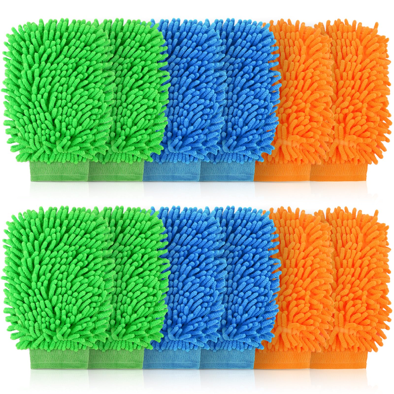 ANBUY12 Pcs Chenille Microfiber Car Wash Mitts, Ultra Premium Scratch-Free Wash Mitt Kit-Green, Orange, Blue Regular Size