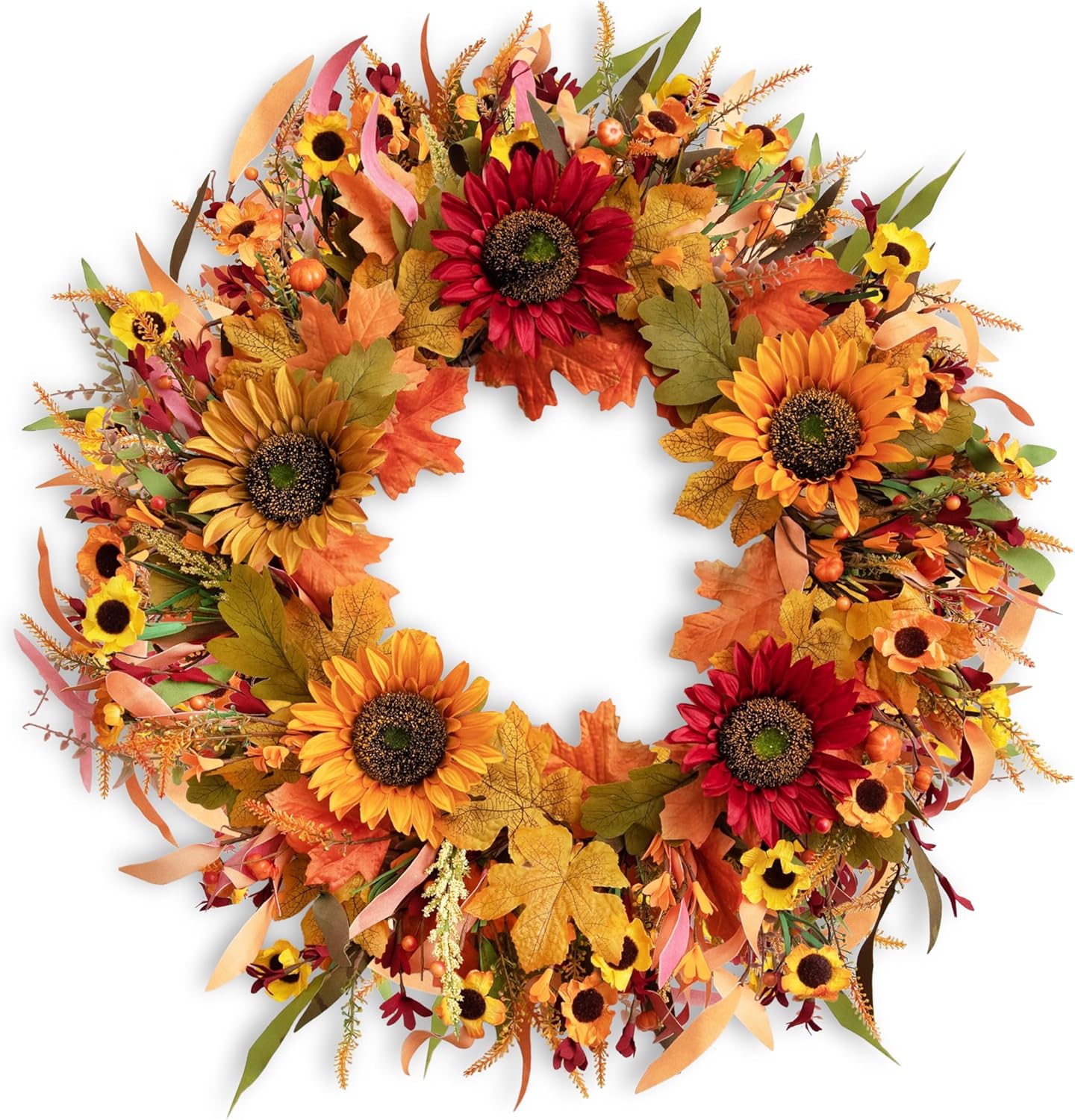 24” Fall Wreaths for Front Door, Outdoor Autumn Wreath with Sunflowers, Leaves, Berries and Bumpkins for Thanksgiving Halloween & Harvest Decor, Fall Garland Decoractions for Home