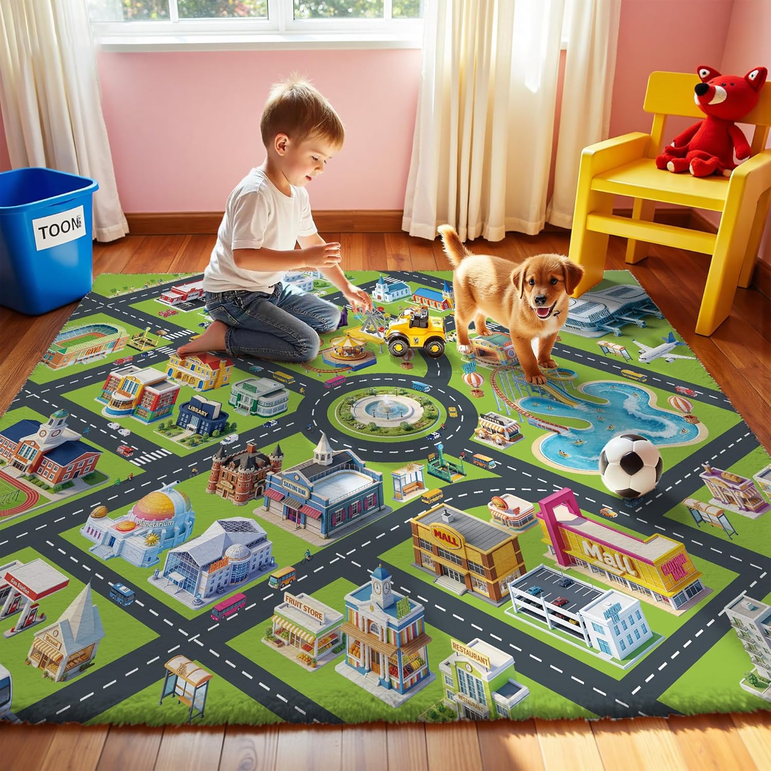 Nayoroom City Road Car Play Rug - 5x7ft Kids Carpet with Interactive City Map Design, Non-Slip Faux Wool Educational Rug for Kids, Bedroom Playroom Gift.