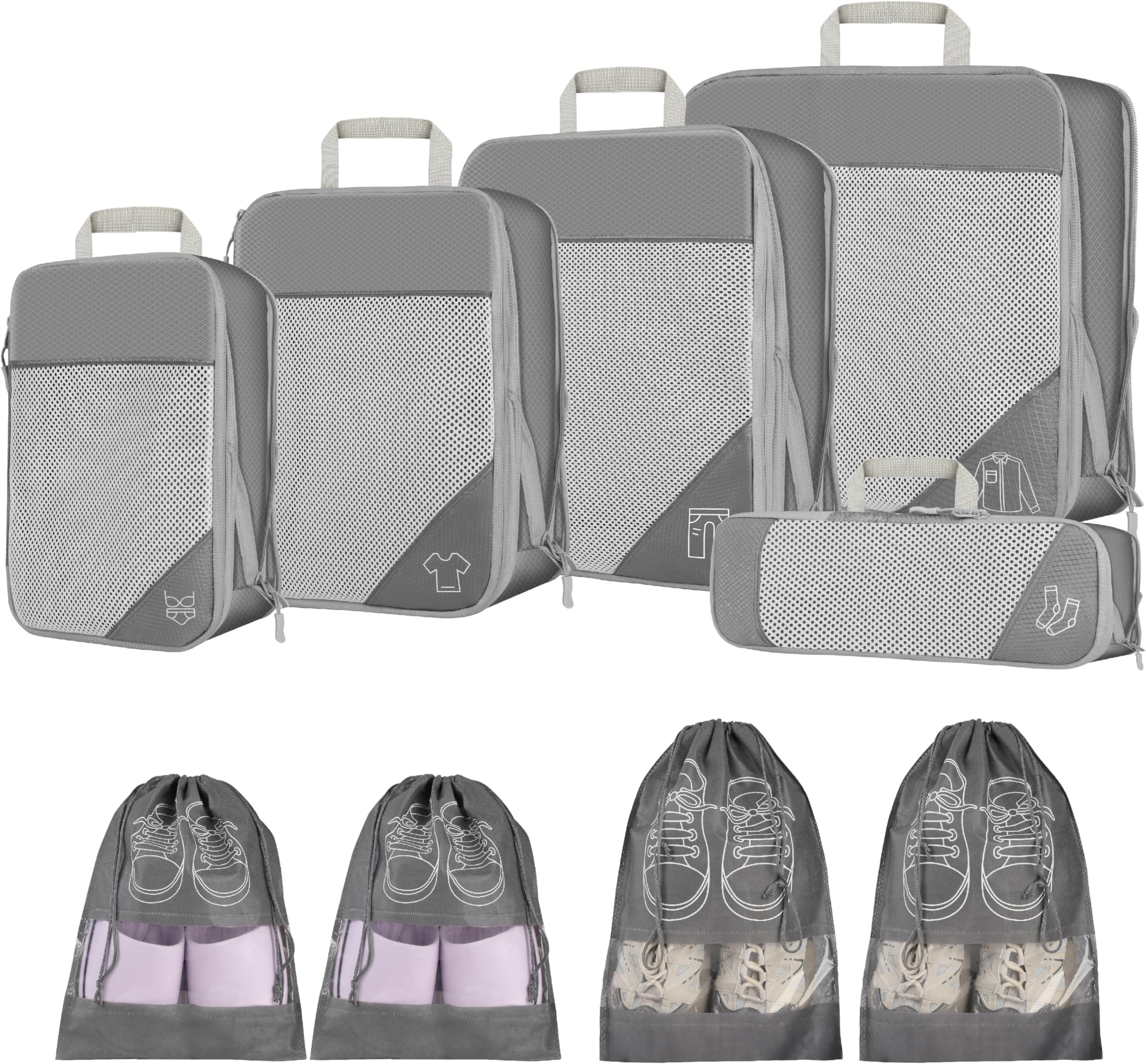 9pcs Compression Packing Cubes Set, Ultralight Expandable Travel Organizers for Carry on Luggage,Waterproof Travel Packing Cubes,Travel Packing Cubes for Suitcases (GREY)