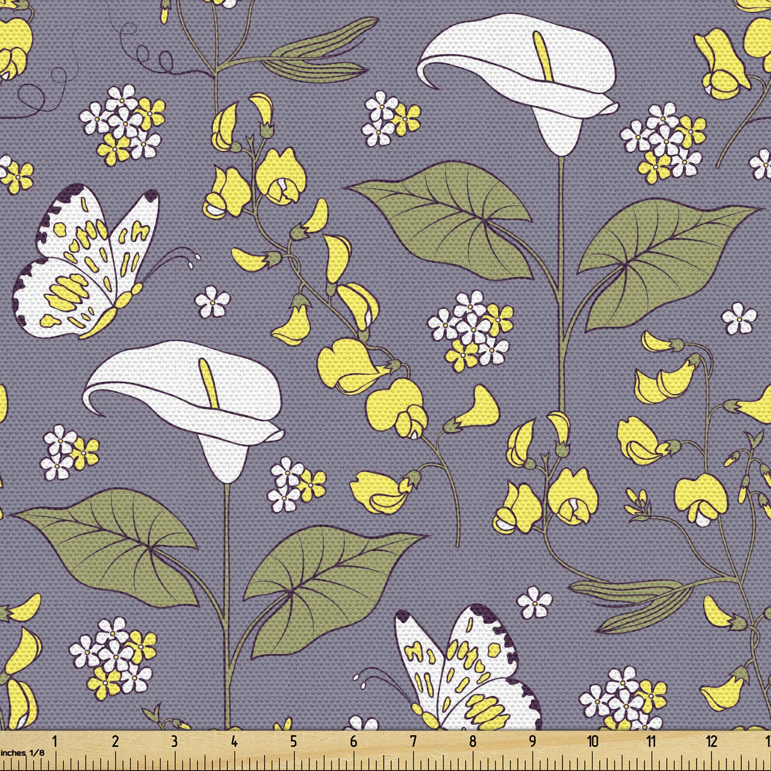 Lunarable Botanical Fabric by The Yard, Calla Lily Hybrids Flowers with Butterflies Shabby Leaves Bloom Garden Theme, Decorative Fabric for Upholstery and Home Accents, 1 Yard, Lilac Yellow