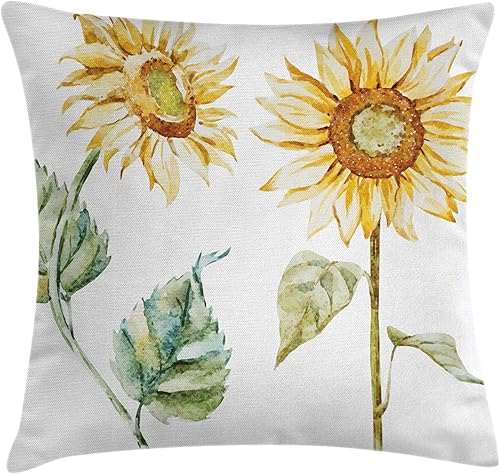 Ambesonne Funda de cojín con diseño de acuarela, girasoles seductores inspirados en el verano, agricultura, funda de almohada decorativa cuadrada,