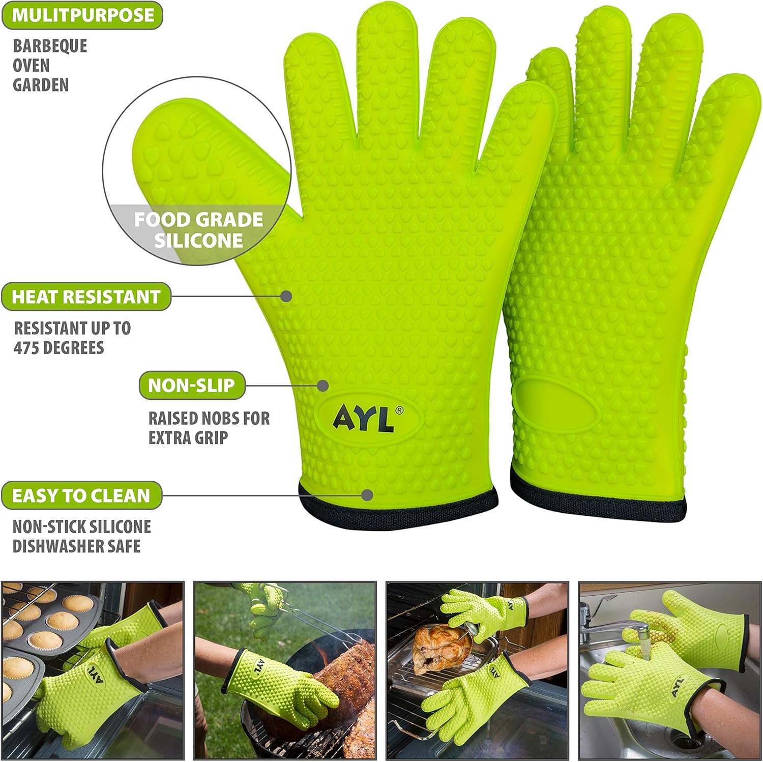 AYL Silicone Cooking Gloves - Heat Resistant Oven Mitt for Grilling, BBQ, Kitchen - Safe Handling of Pots and Pans - Cooking & Baking Non-Slip Potholders - Internal Protective Cotton Layer : Patio, Lawn & Garden