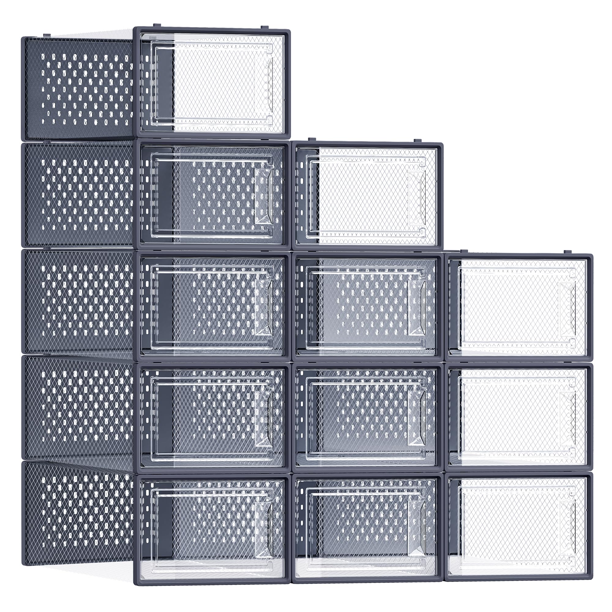 SONGMICS Boîtes à Chaussures, Lot de 12, Rangement Chaussures, Pliable, pour Pointure Jusqu'à 44, Transparent et Bleu Carbone LSP12SB30