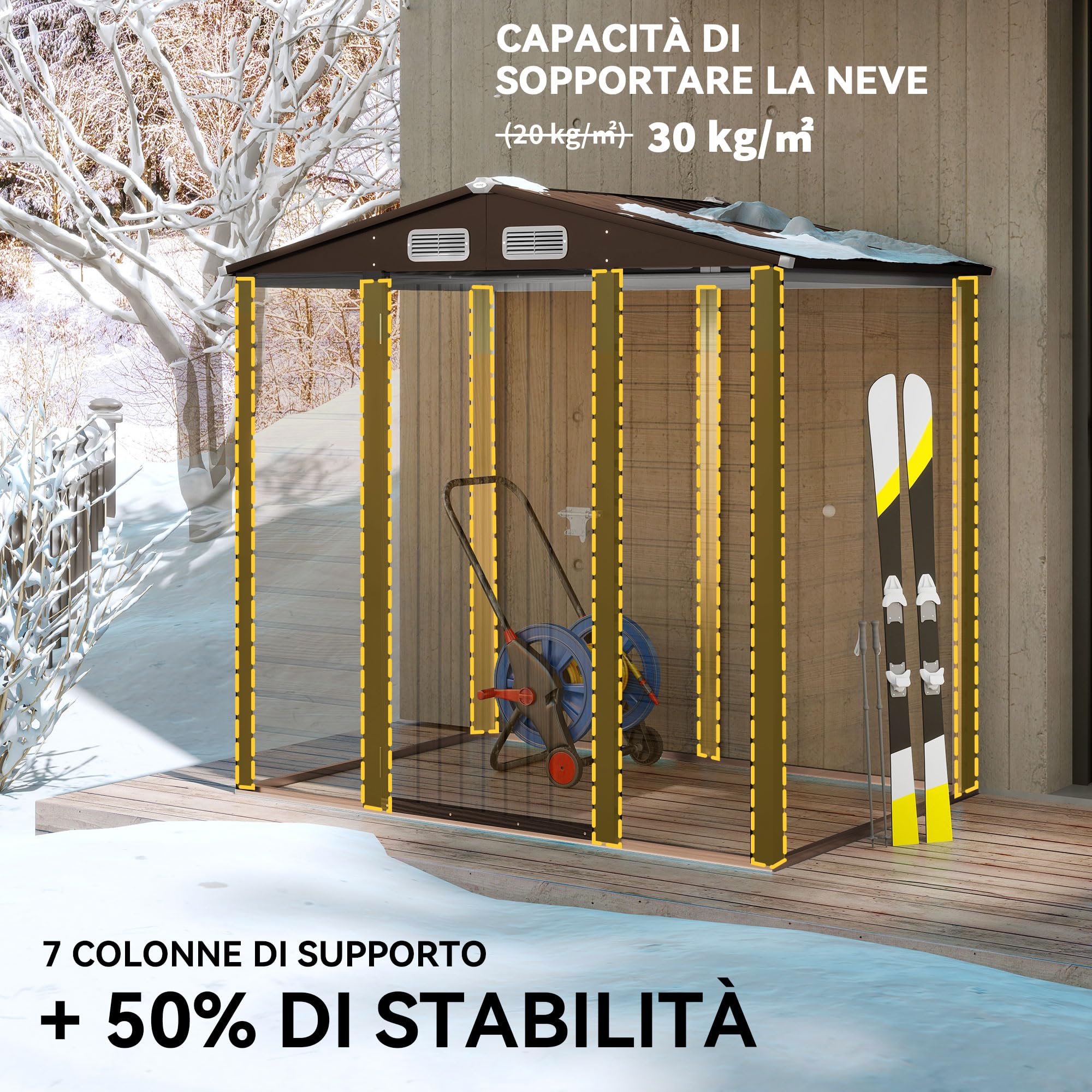 Outsunny Casetta da Giardino 1.9x1.3 m Acciaio Capanno Porta Attrezzi Lamiera Prese d'Aria Catenaccio Quercia